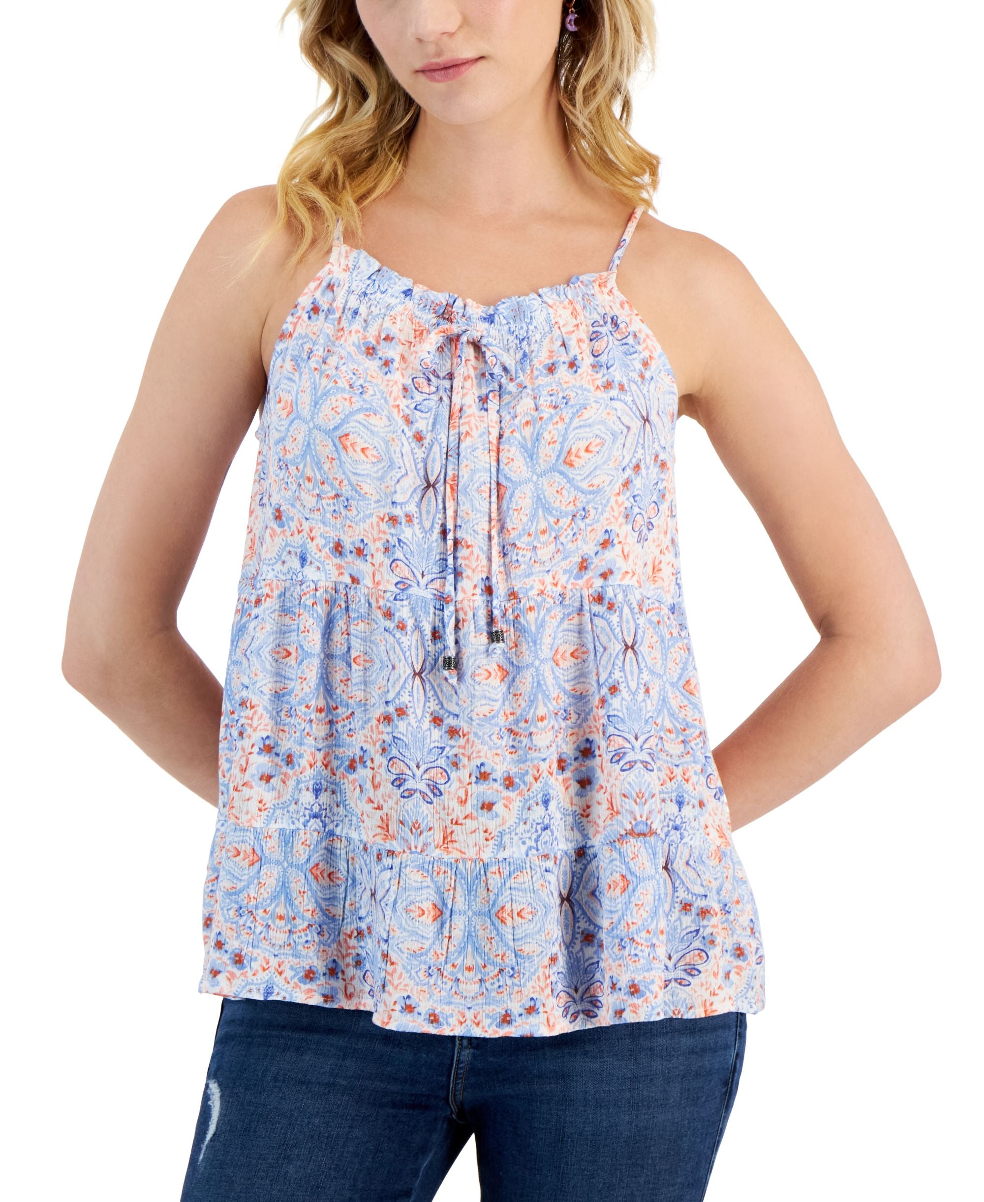 Juniors' Printed Tiered Flounce Tie-Neck Premium Top