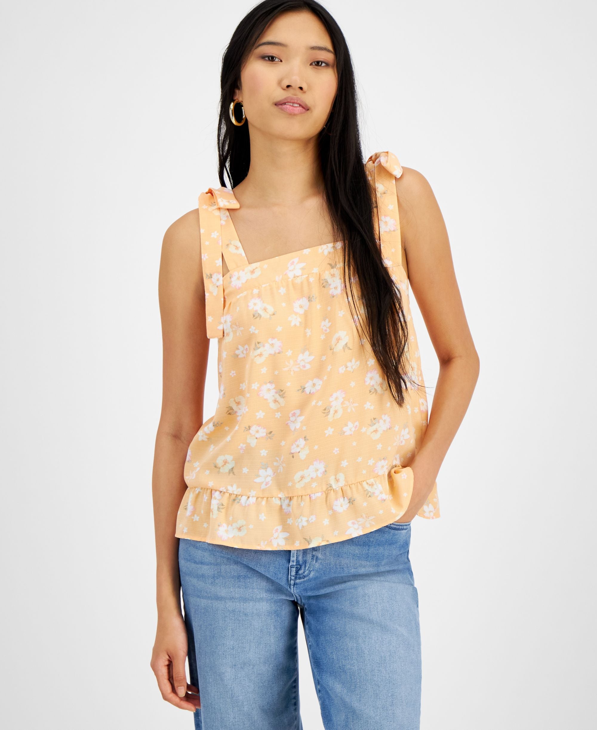 Juniors' Square-Neck Tie-Strap Smocked Premium Top
