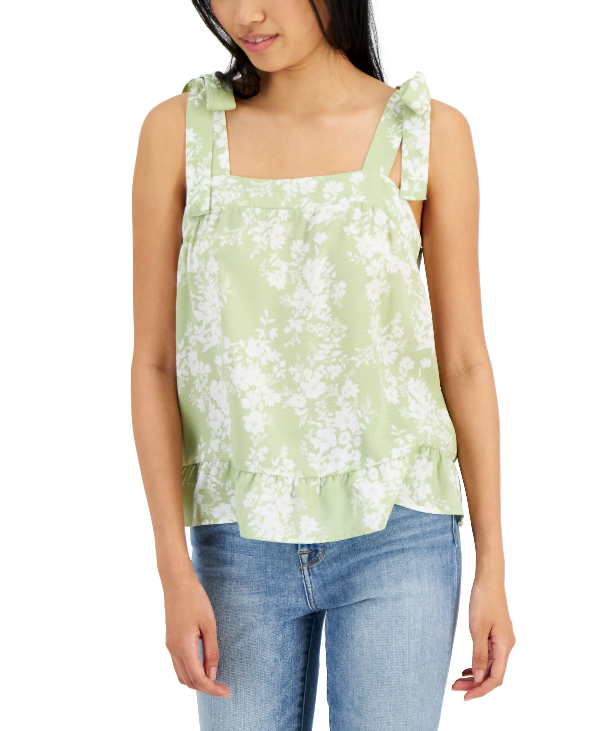 Juniors' Square-Neck Tie-Strap Smocked Premium Top