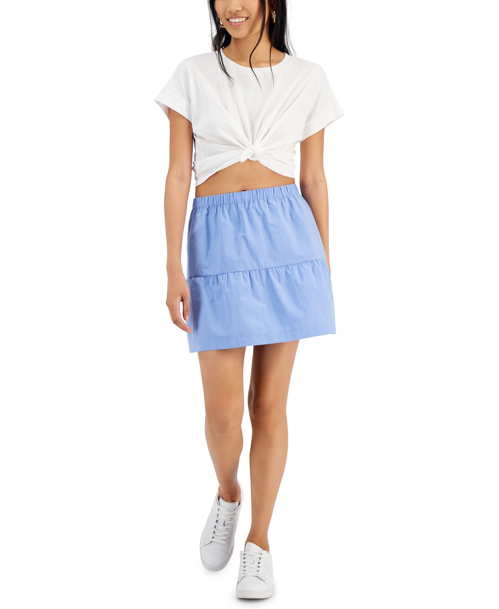 Juniors' Elasticized-Waist Poplin Tiered Flounce Mini Modern Skirt