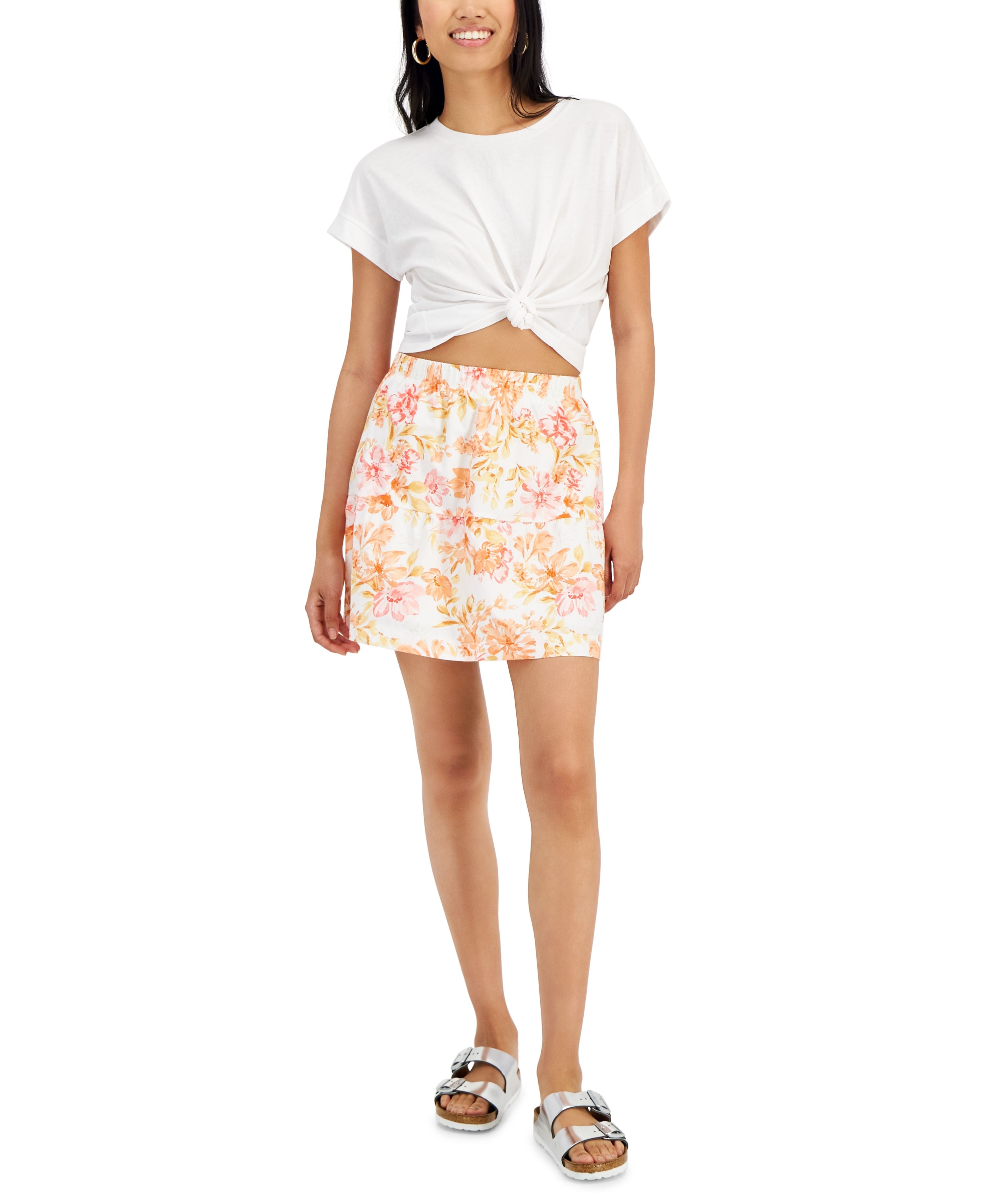 Juniors' Elasticized-Waist Poplin Tiered Flounce Mini Modern Skirt