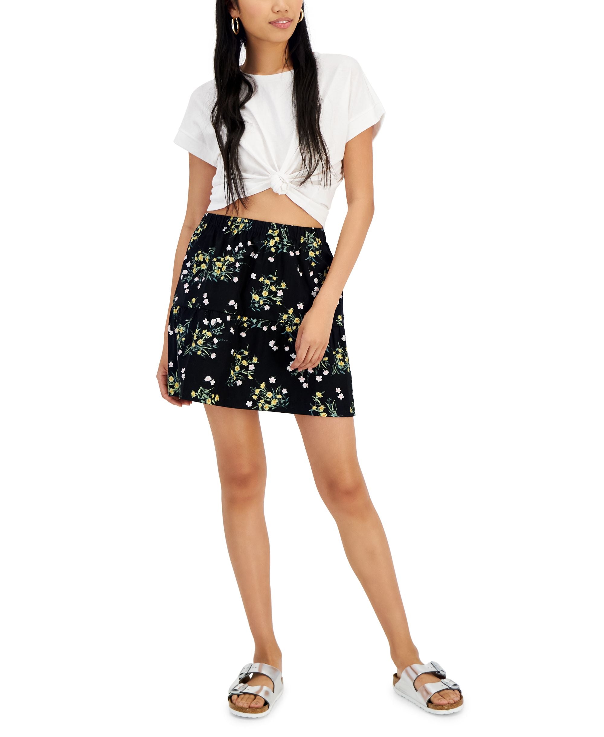 Juniors' Elasticized-Waist Poplin Tiered Flounce Mini Modern Skirt