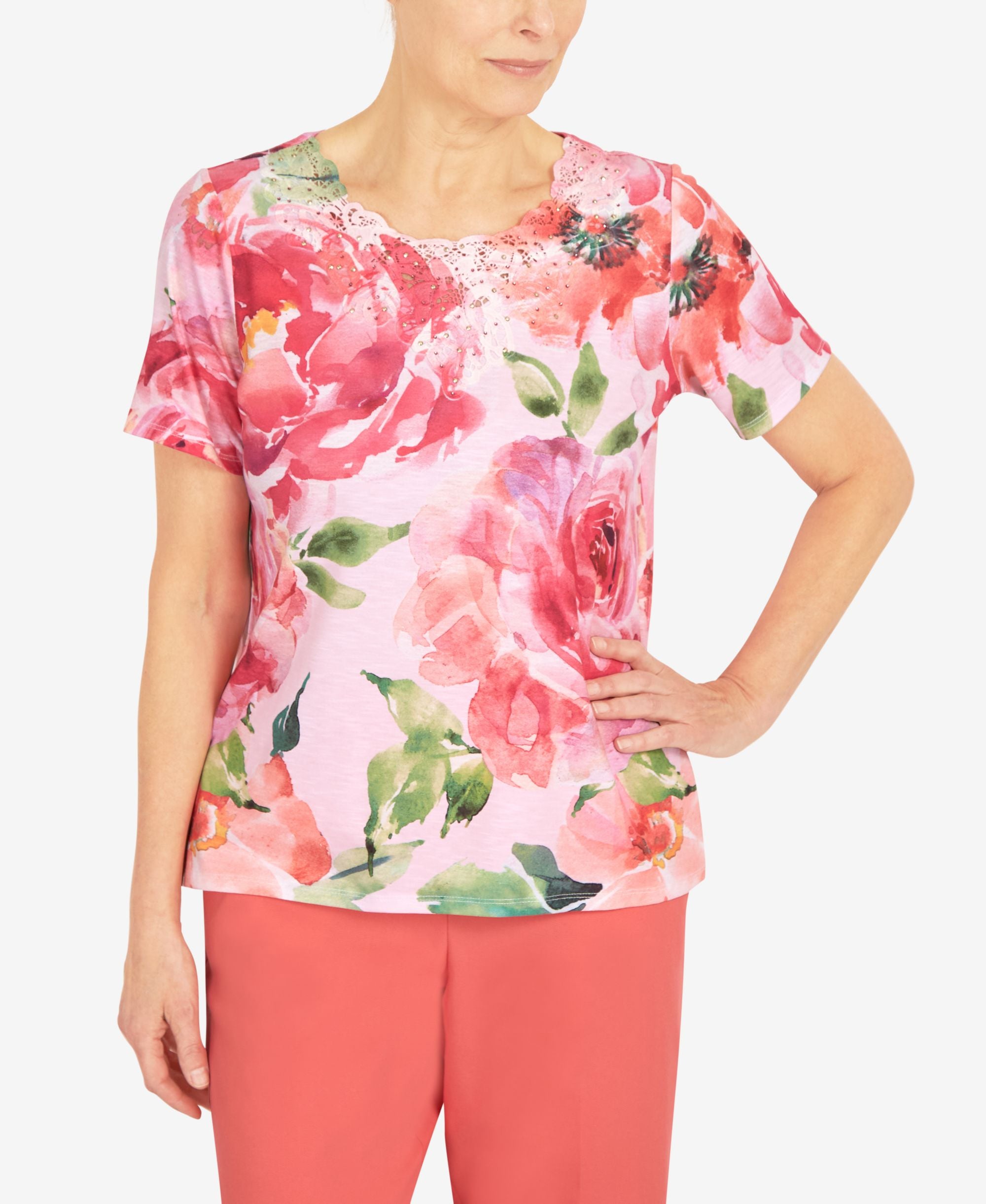 Women's Lace Neck Floral T-Modern Shirt