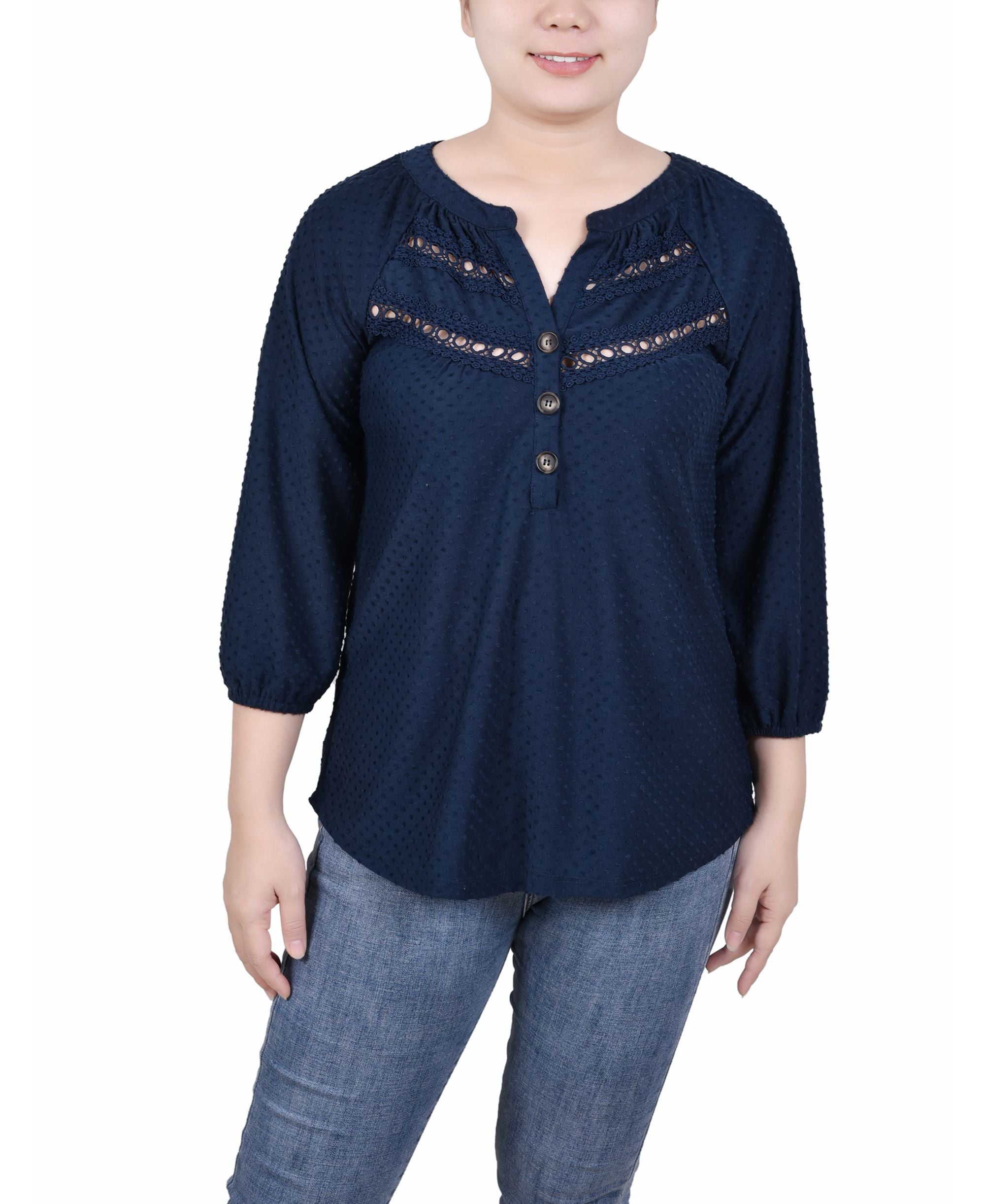 Petite 3/4 Sleeve Swiss Dot Henley Premium Top