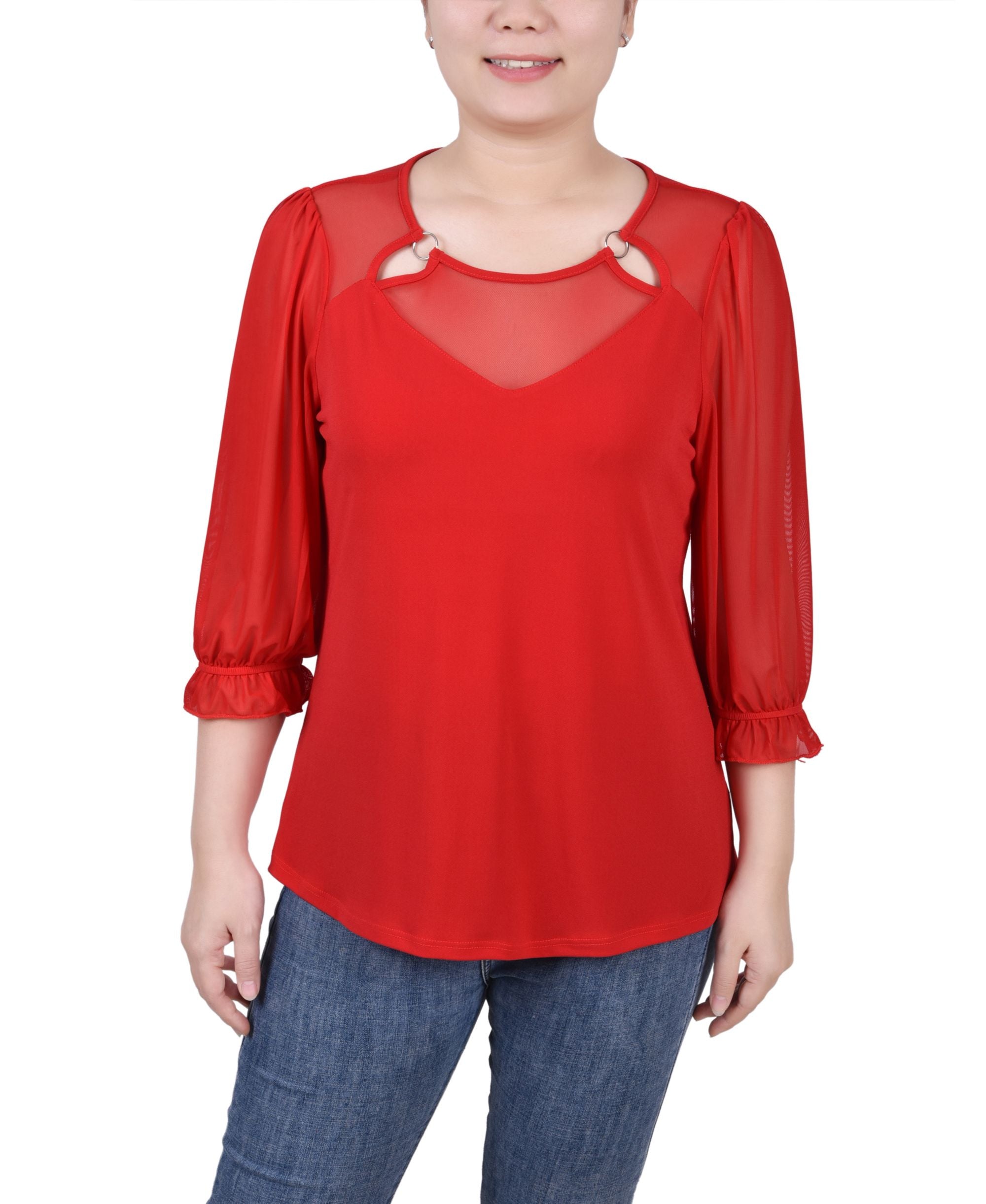 Petite 3/4 Sleeve Ringed Mesh Premium Top