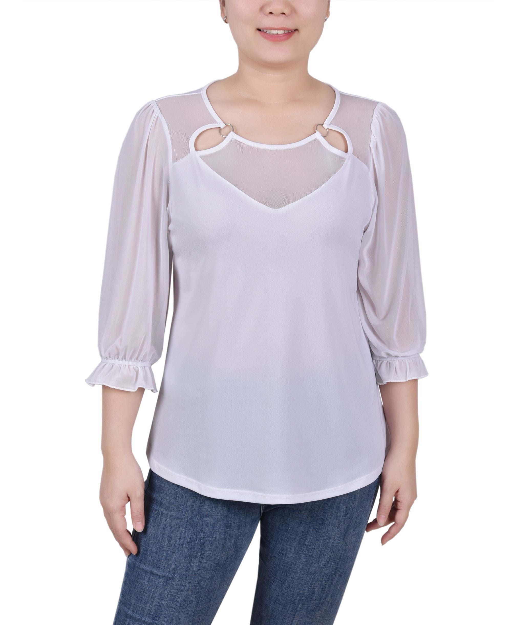 Petite 3/4 Sleeve Ringed Mesh Premium Top
