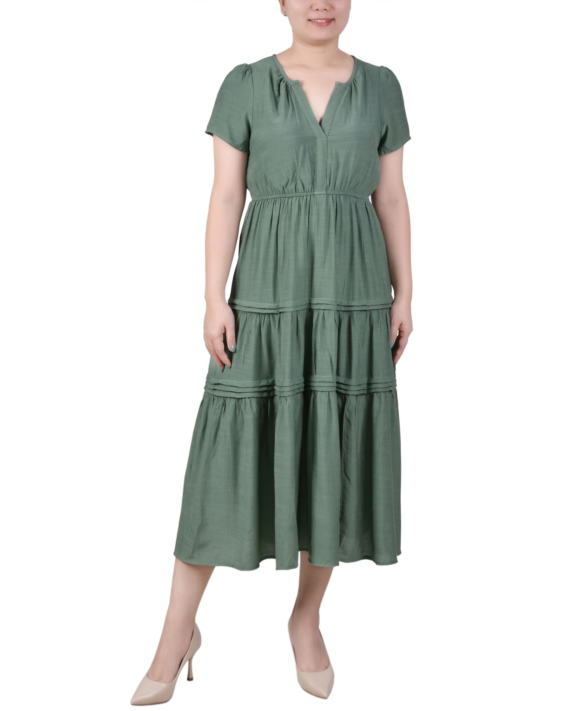 Petite Short-Sleeve Tiered Flounce Midi Dress