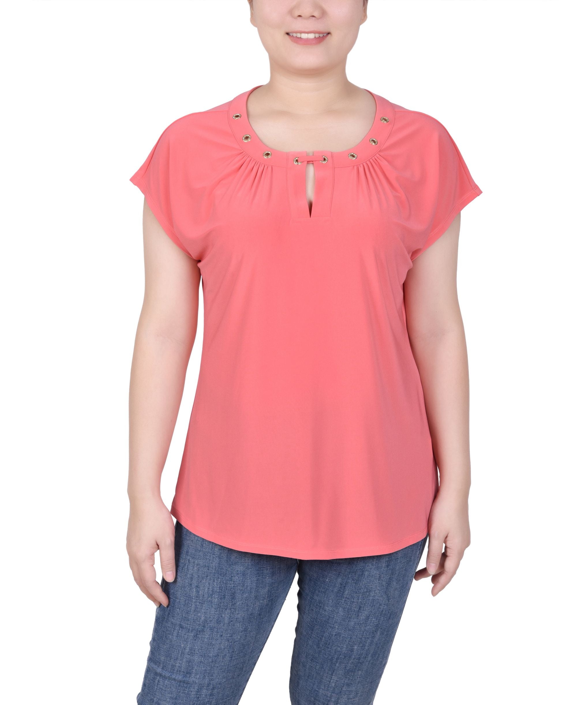 Petite Grommet Neck Knit  Short Extended Sleeve Premium Top