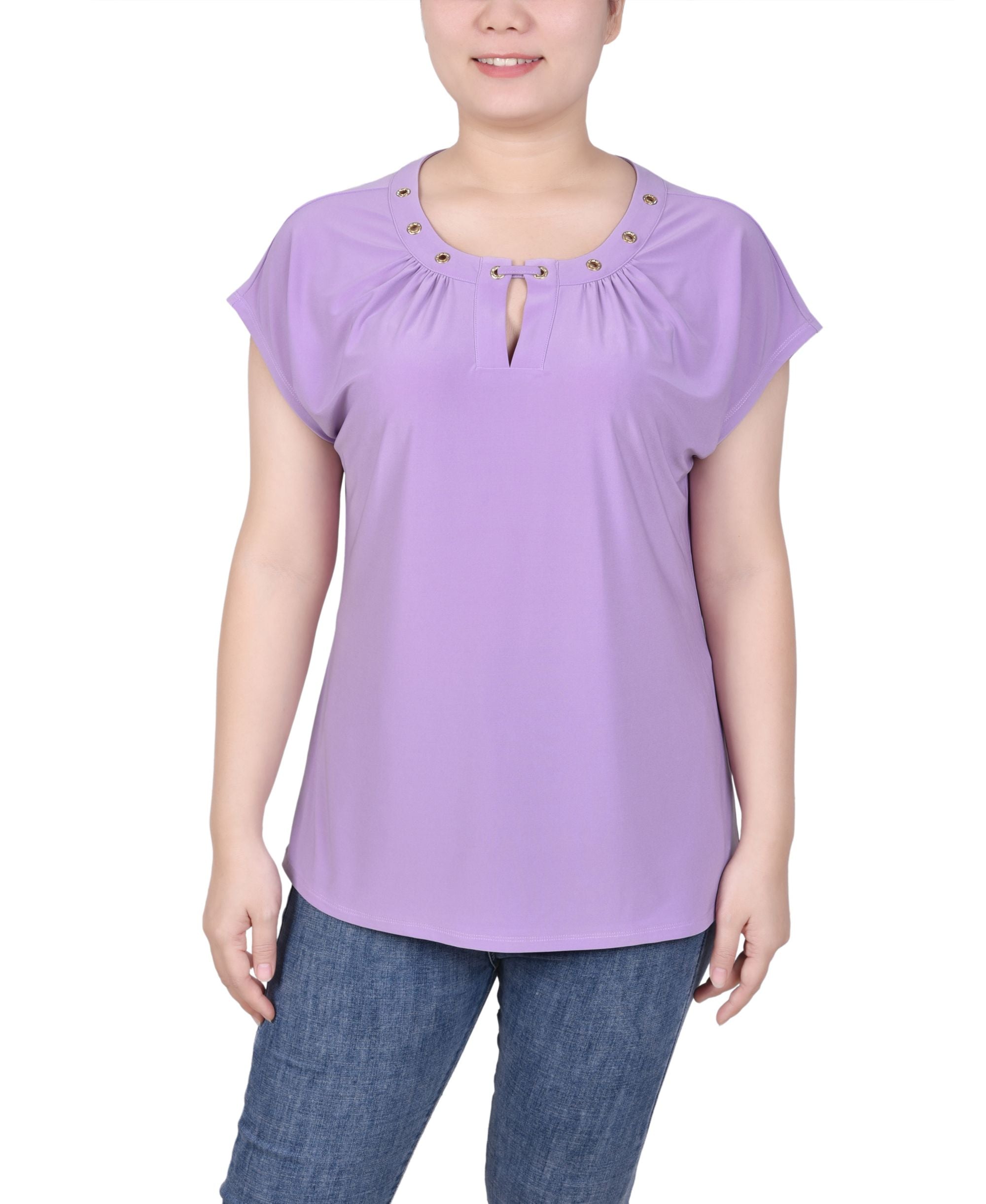 Petite Grommet Neck Knit  Short Extended Sleeve Premium Top