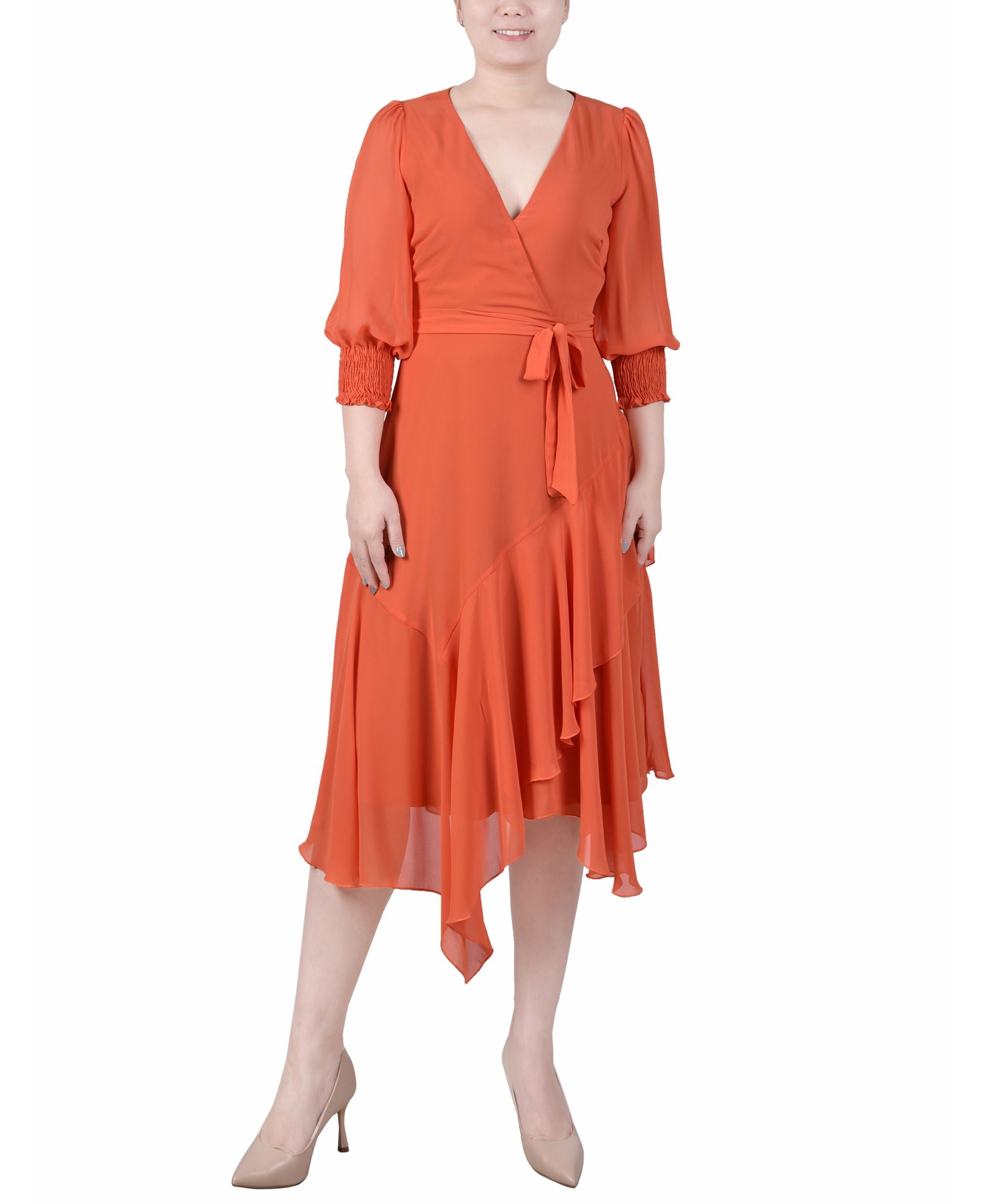 Petite 3/4 Sleeve Belted Chiffon Handkerchief Hem Dress