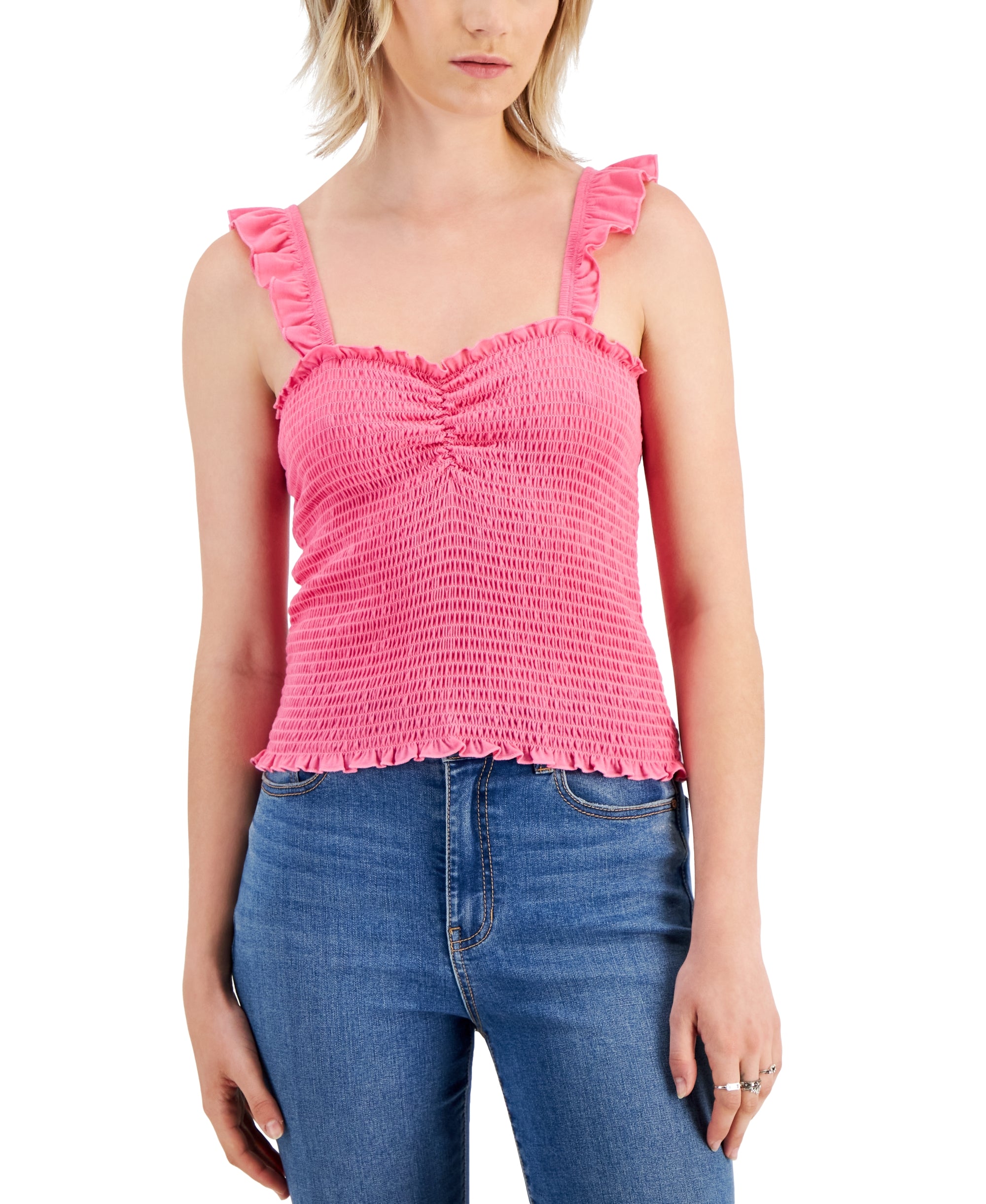 Juniors' Flutter-Strap Smocked Cinch-Neck Tank Premium Top