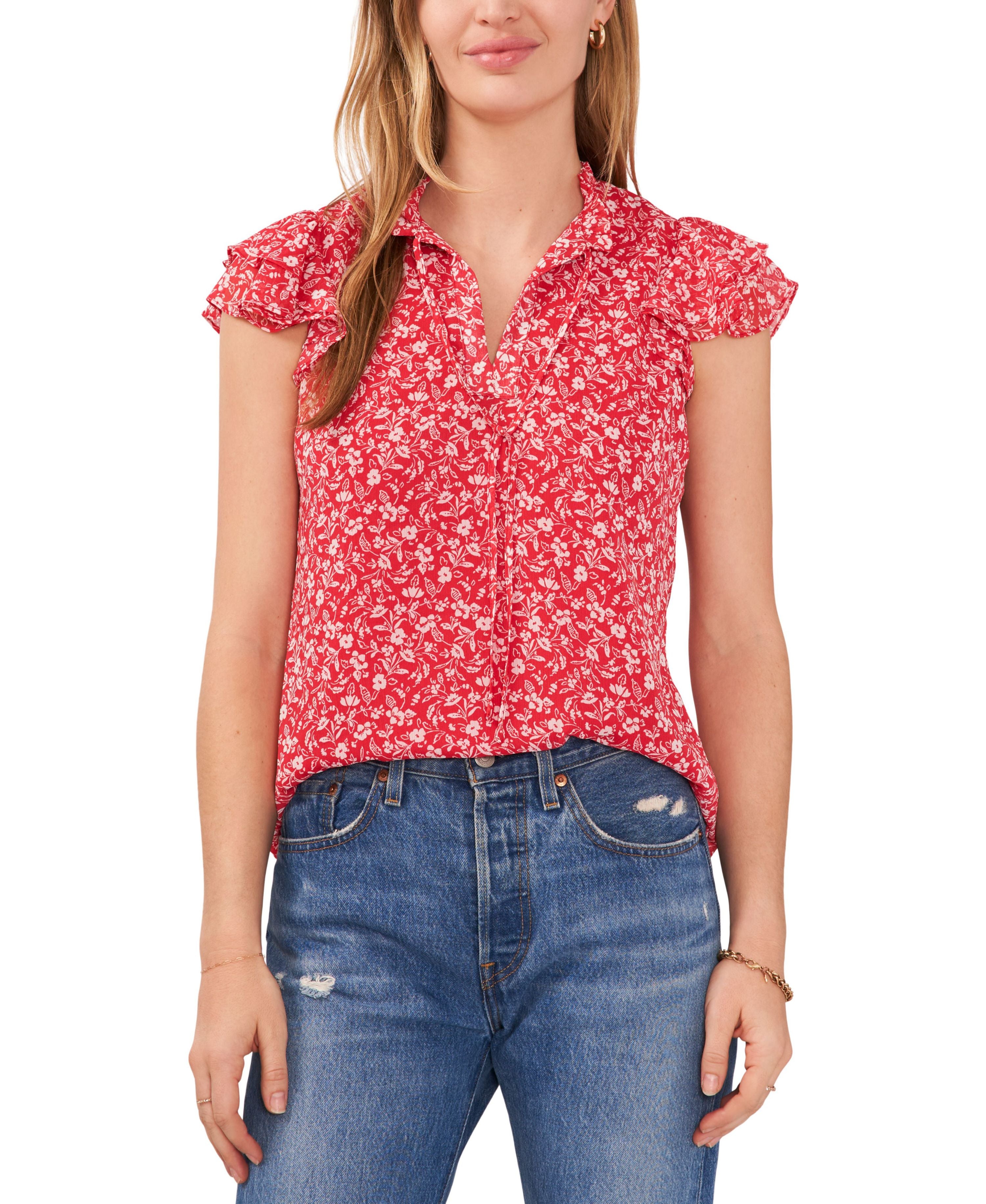 Petite Flutter-Sleeve Tie-Neck Premium Top