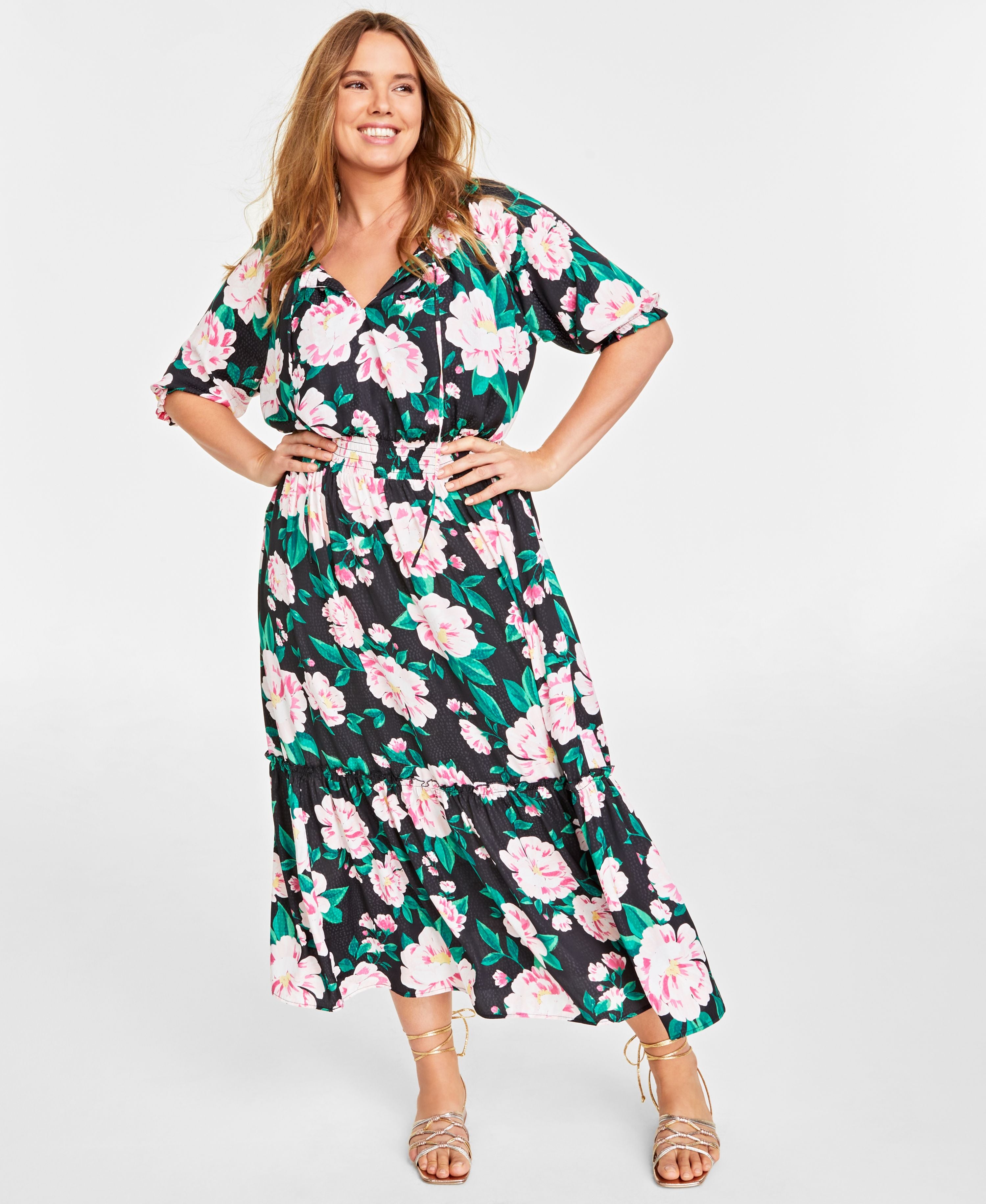 Plus Size Elbow-Sleeve Tiered Flounce Maxi Dress