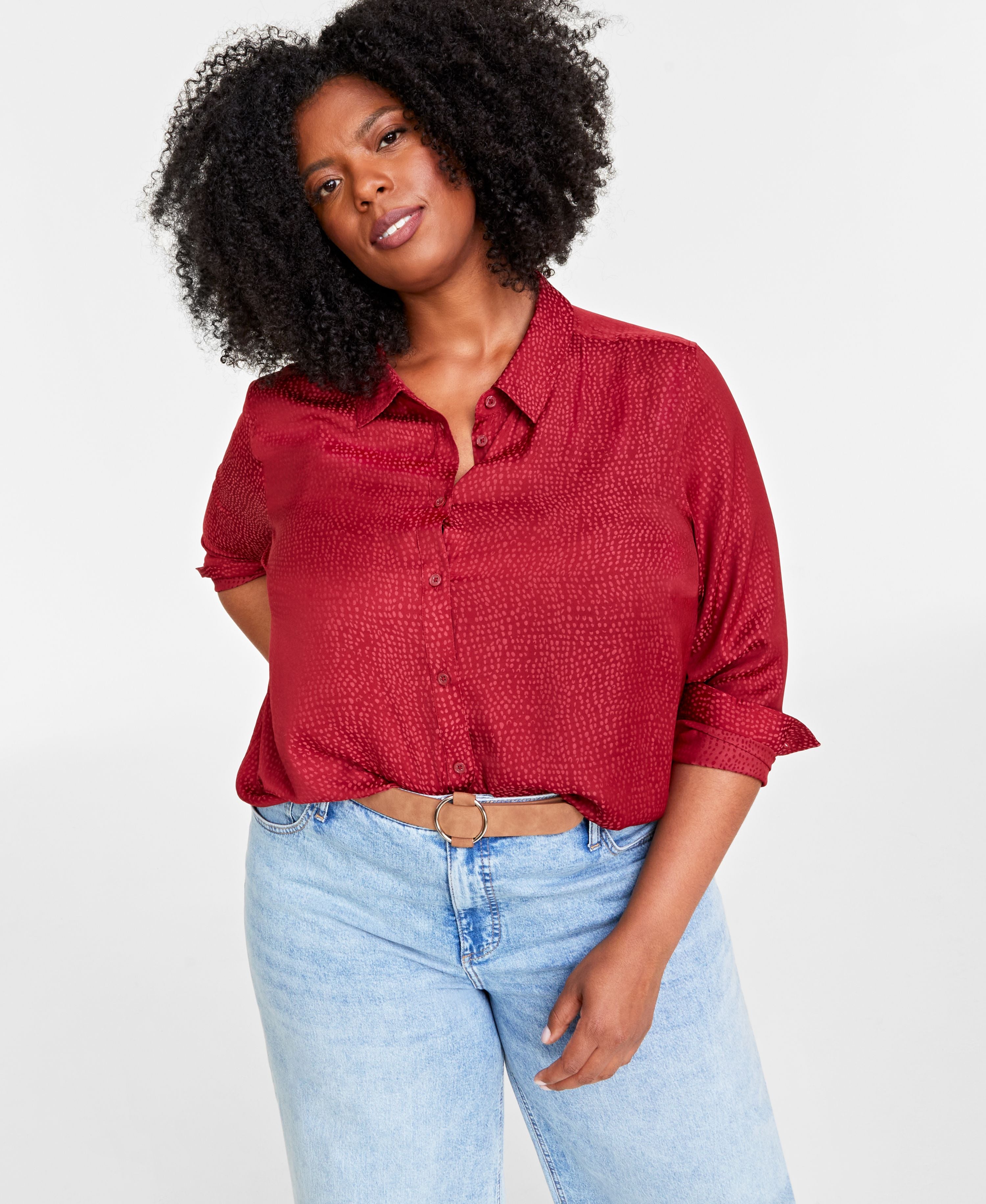 Plus Size Satin Jacquard Modern Shirt