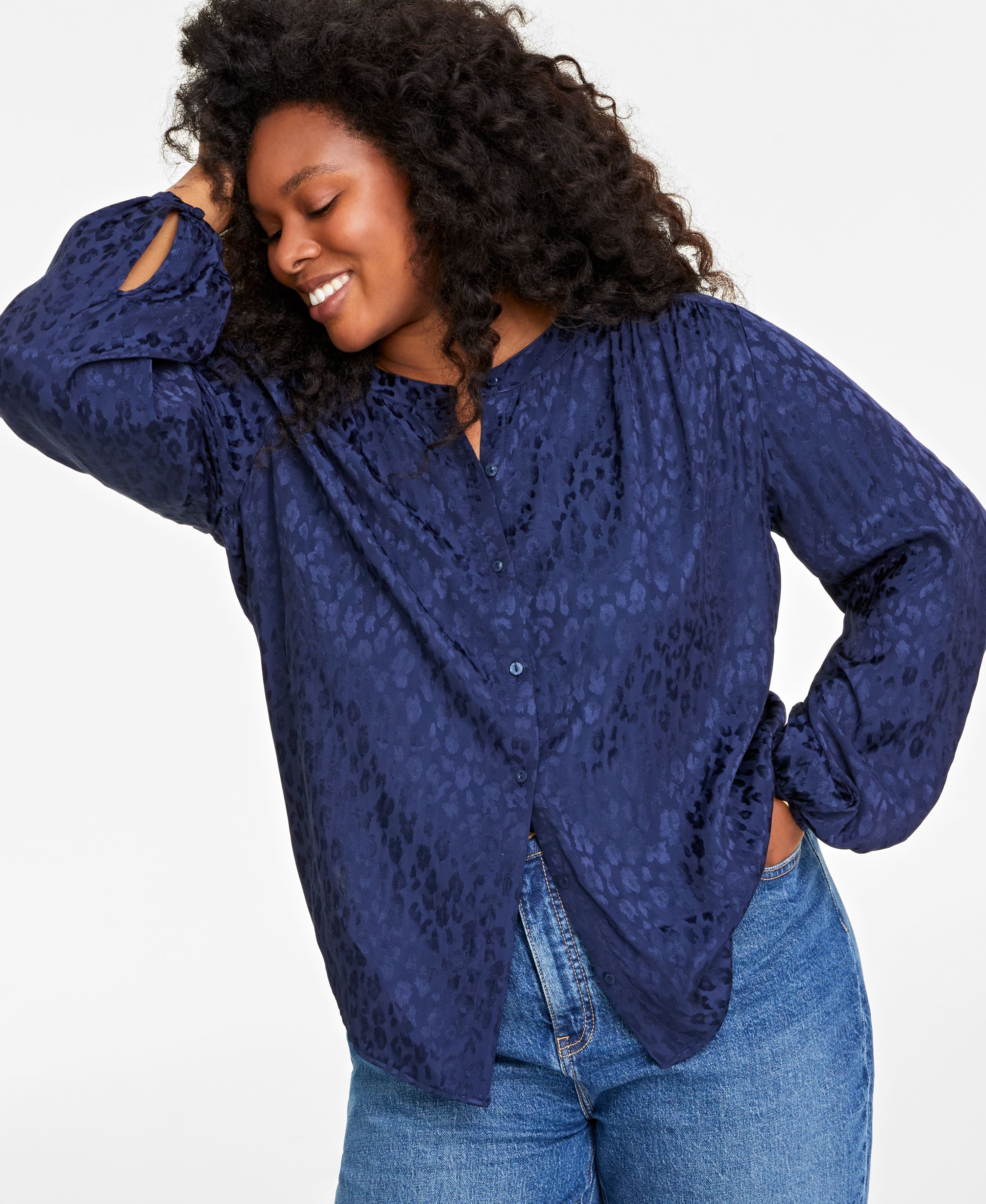 Plus Size Button-Front Jacquard Modern Shirt
