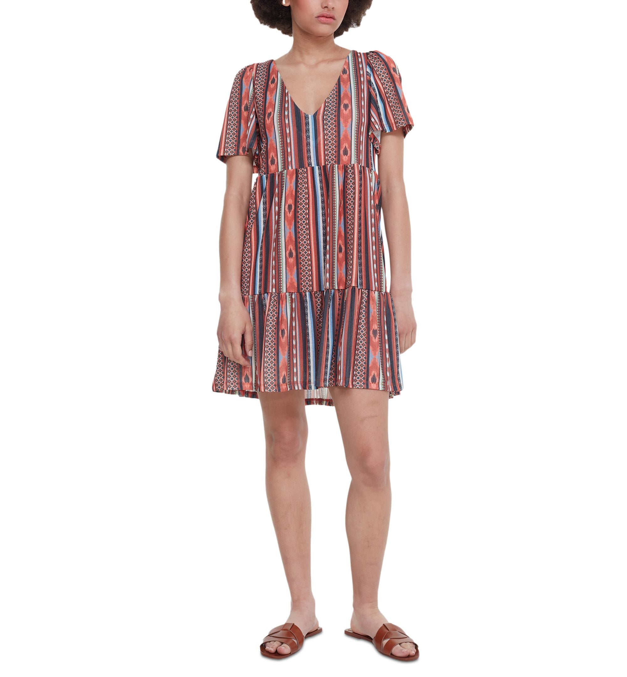 Women's Printed Flutter-Sleeve Tiered Flounce Shift Dress