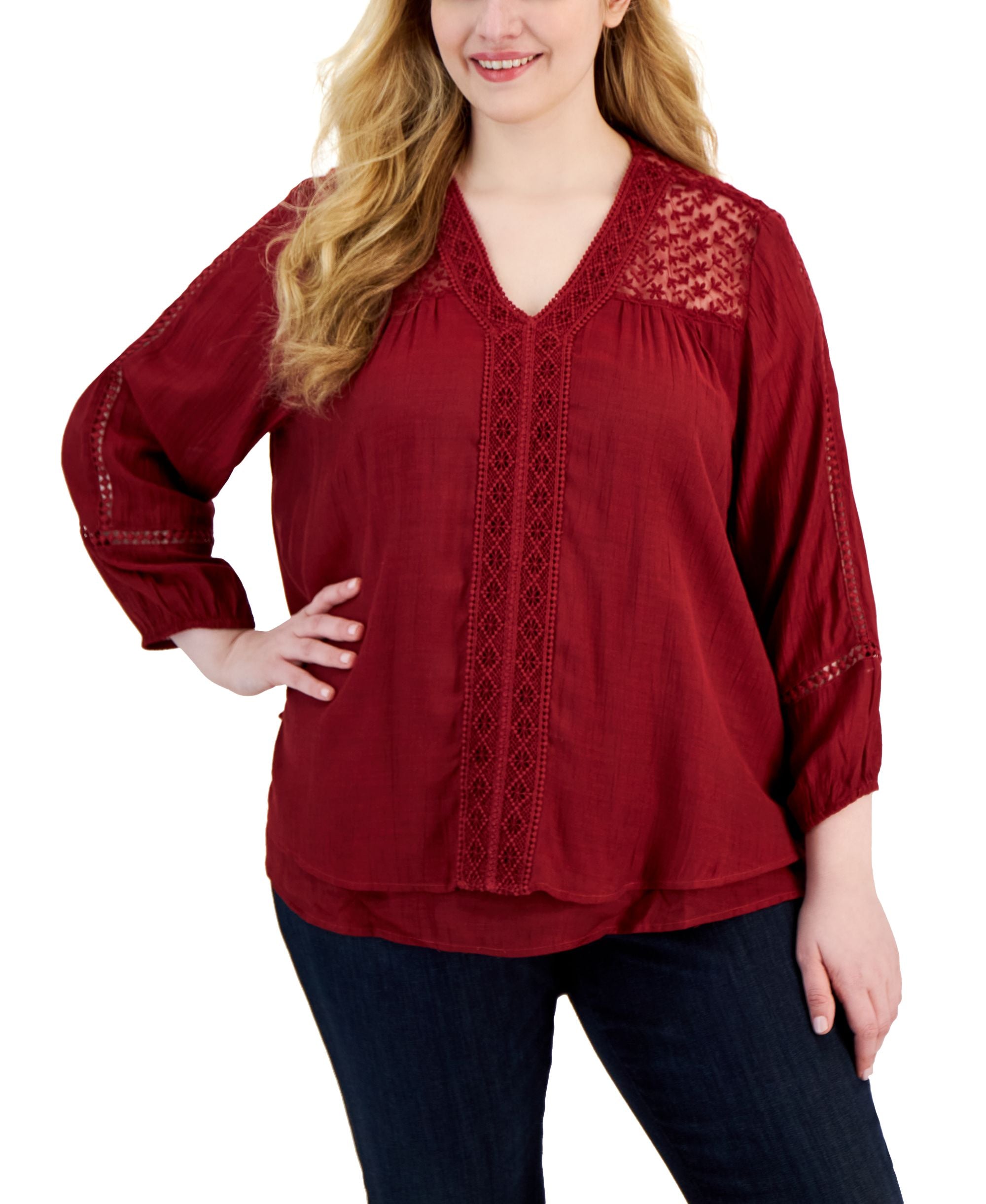 Plus Size Lace-Trim Long-Sleeve Premium Top