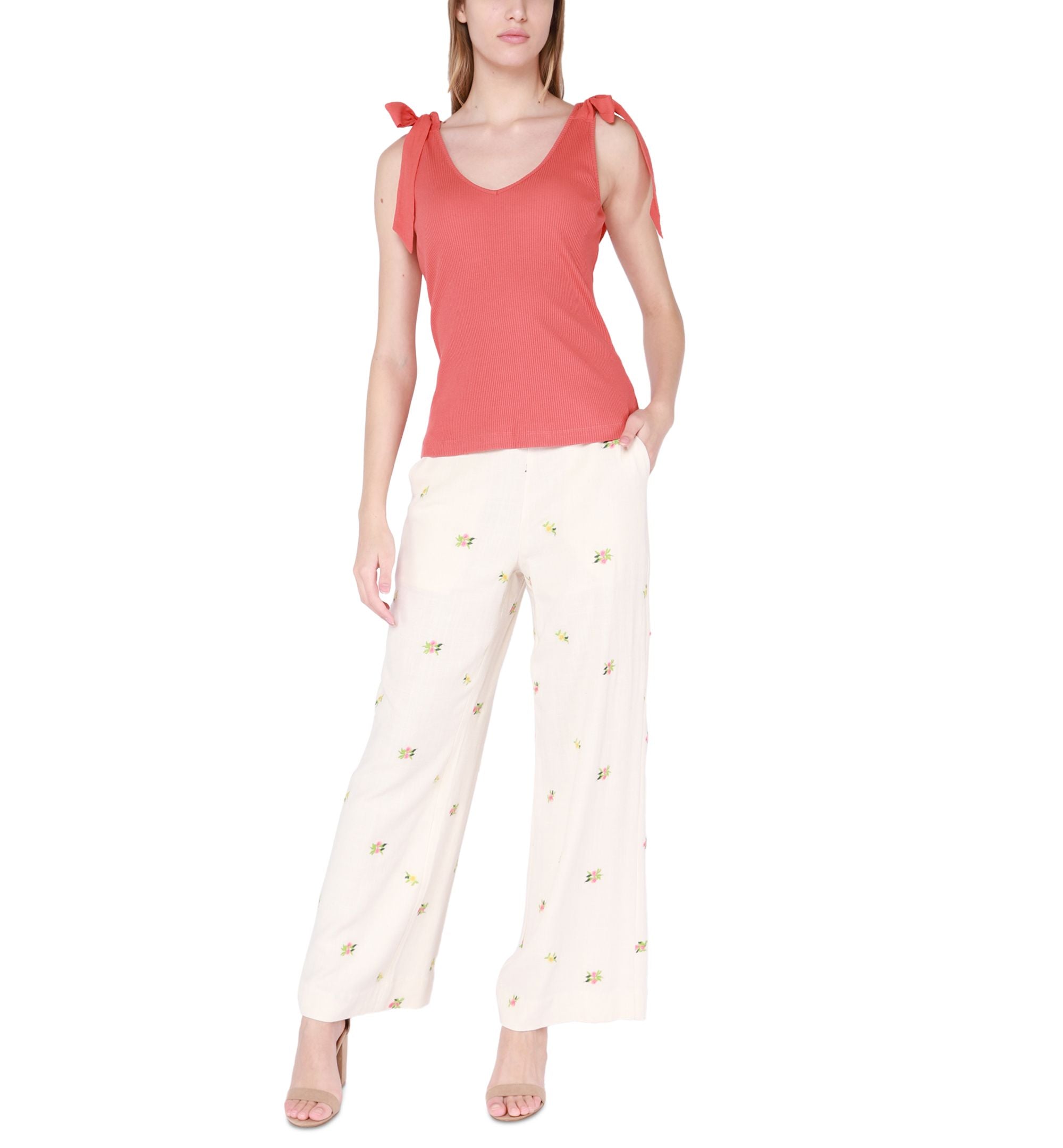 Women's Tie-Shoulder Ribbed Knit Sleeveless Premium Top