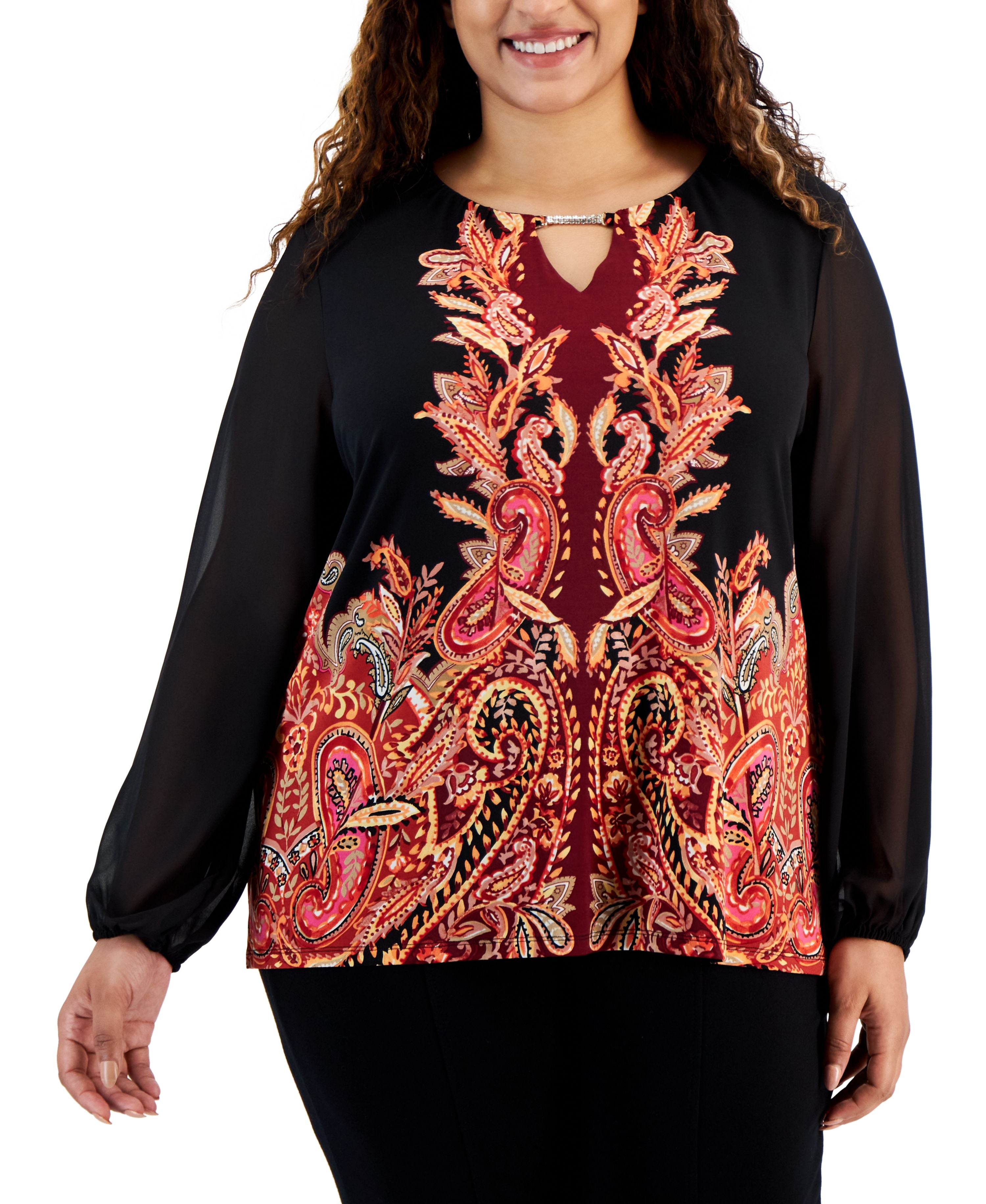 Plus Size Printed Chiffon-Sleeve Embellished-Neck Premium Top