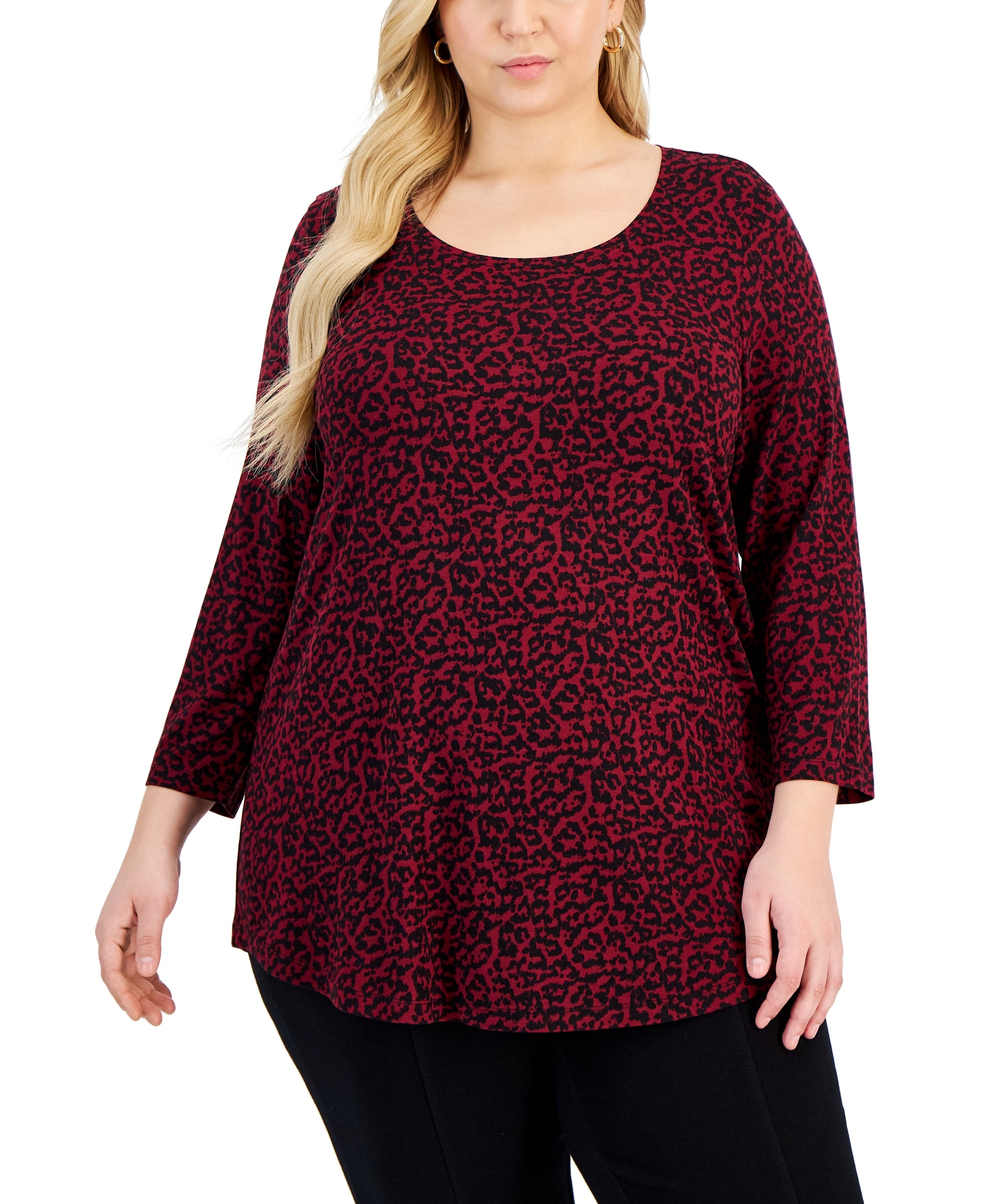 Plus Size Abstract-Print 3/4 Sleeve Premium Top