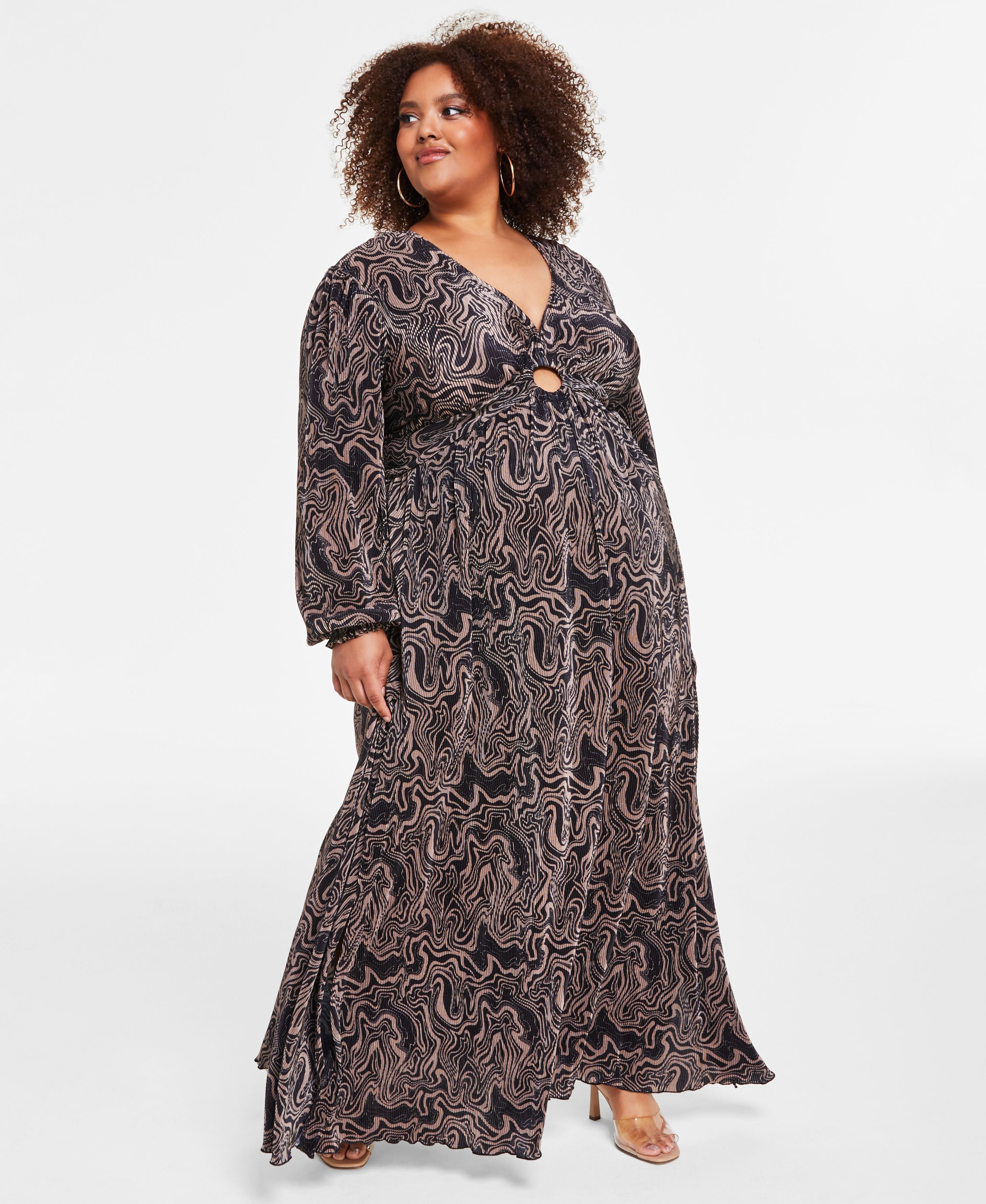 Modern Plus Size Keyhole Printed Pleated Jersey Maxi Dress