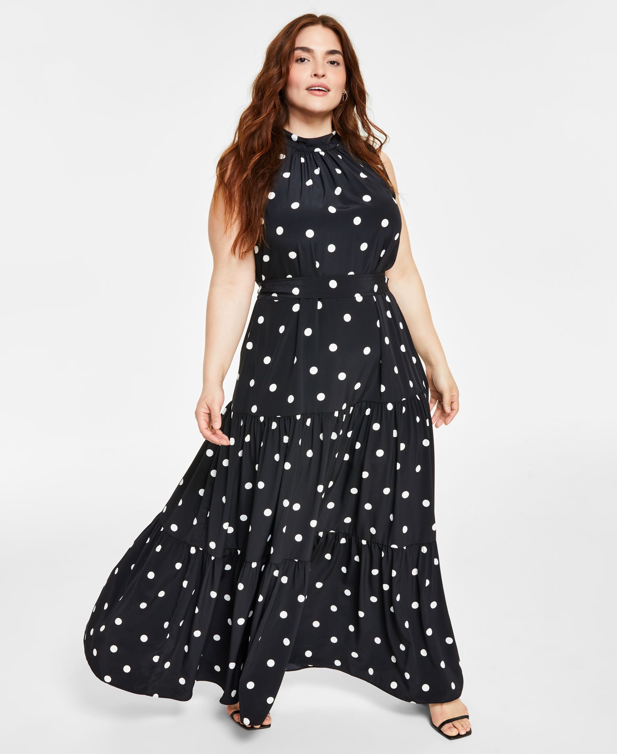 Plus Size Printed Tiered Flounce Tie Neck Maxi Dress