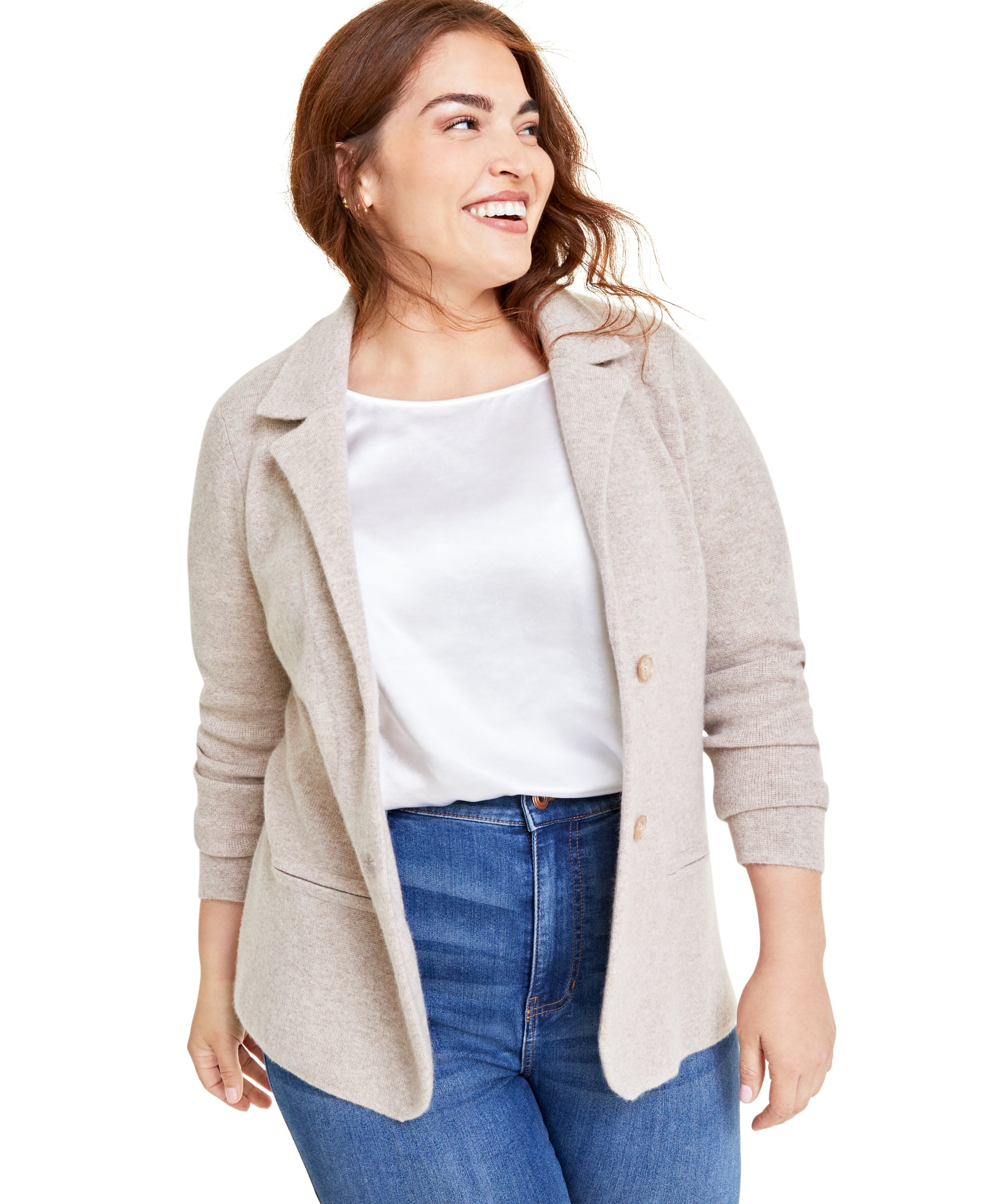 Plus Size 100% Cashmere Blazer Pearl Taupe Heather 2X