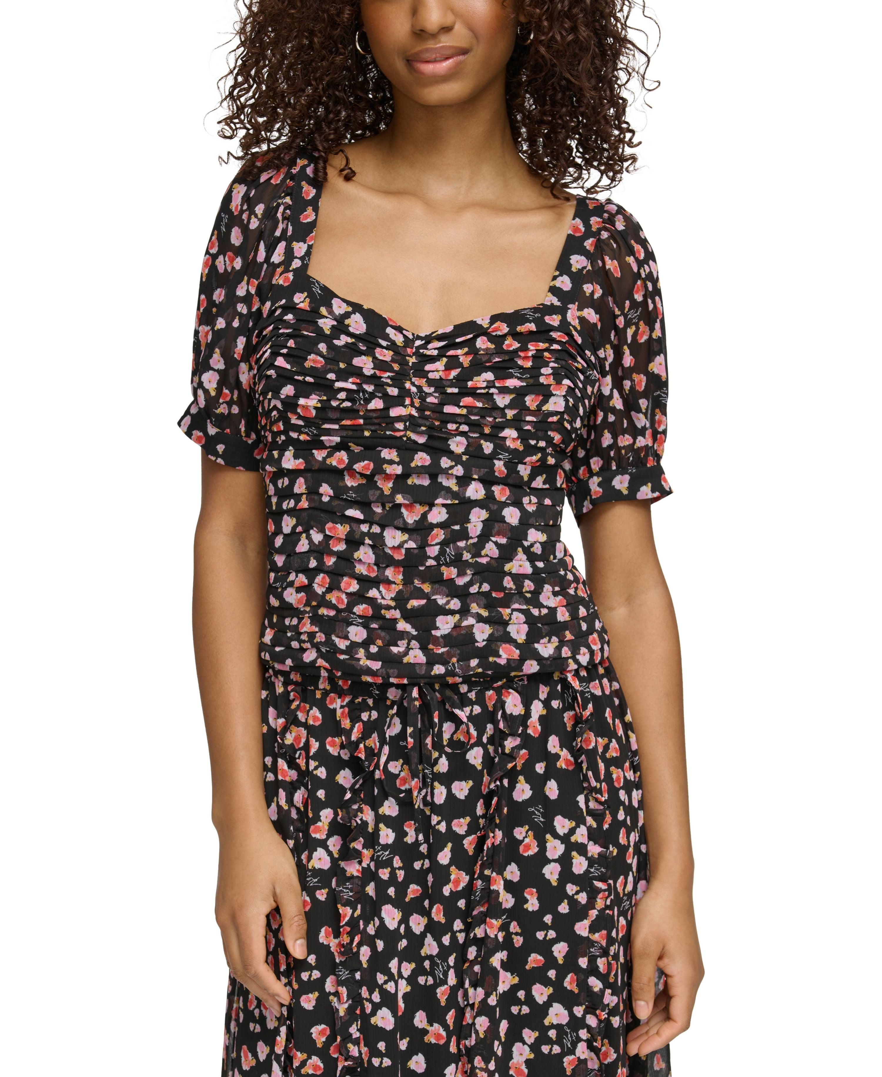 Women's Printed Ruched Puff-Sleeve Signature Blouse