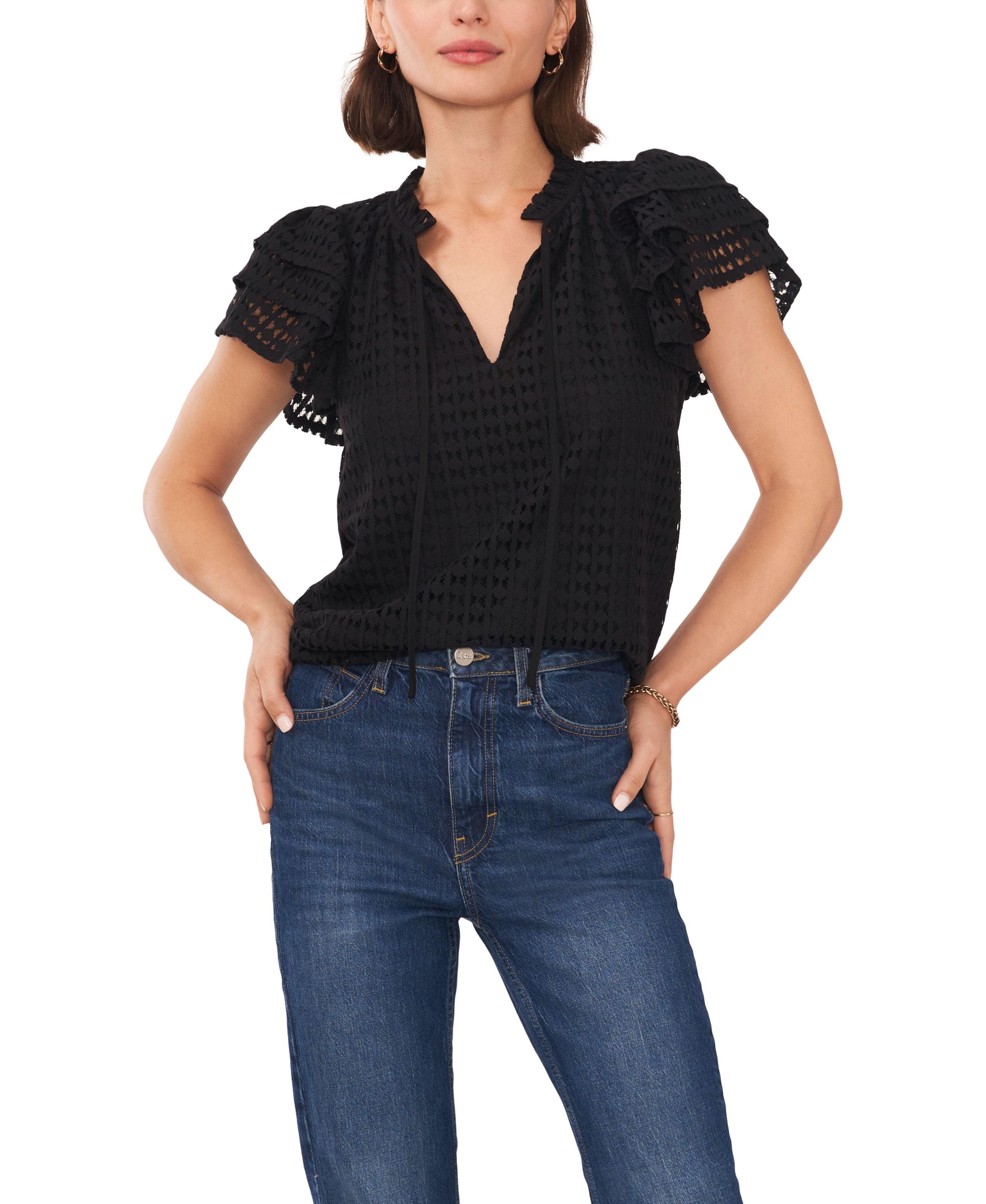 Women's Tie Neck Short Flutter-Sleeve Signature Blouse