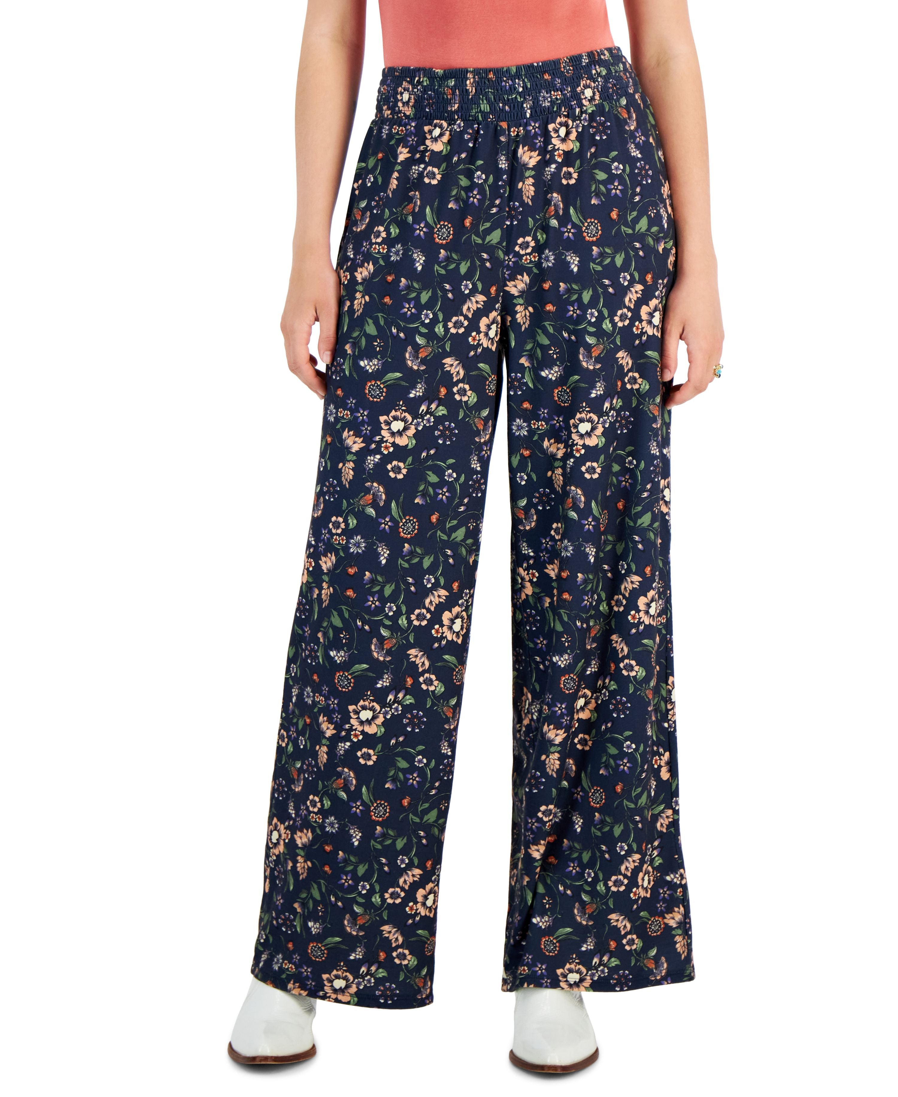 Petite Floral-Print Wide-Leg Signature Pants