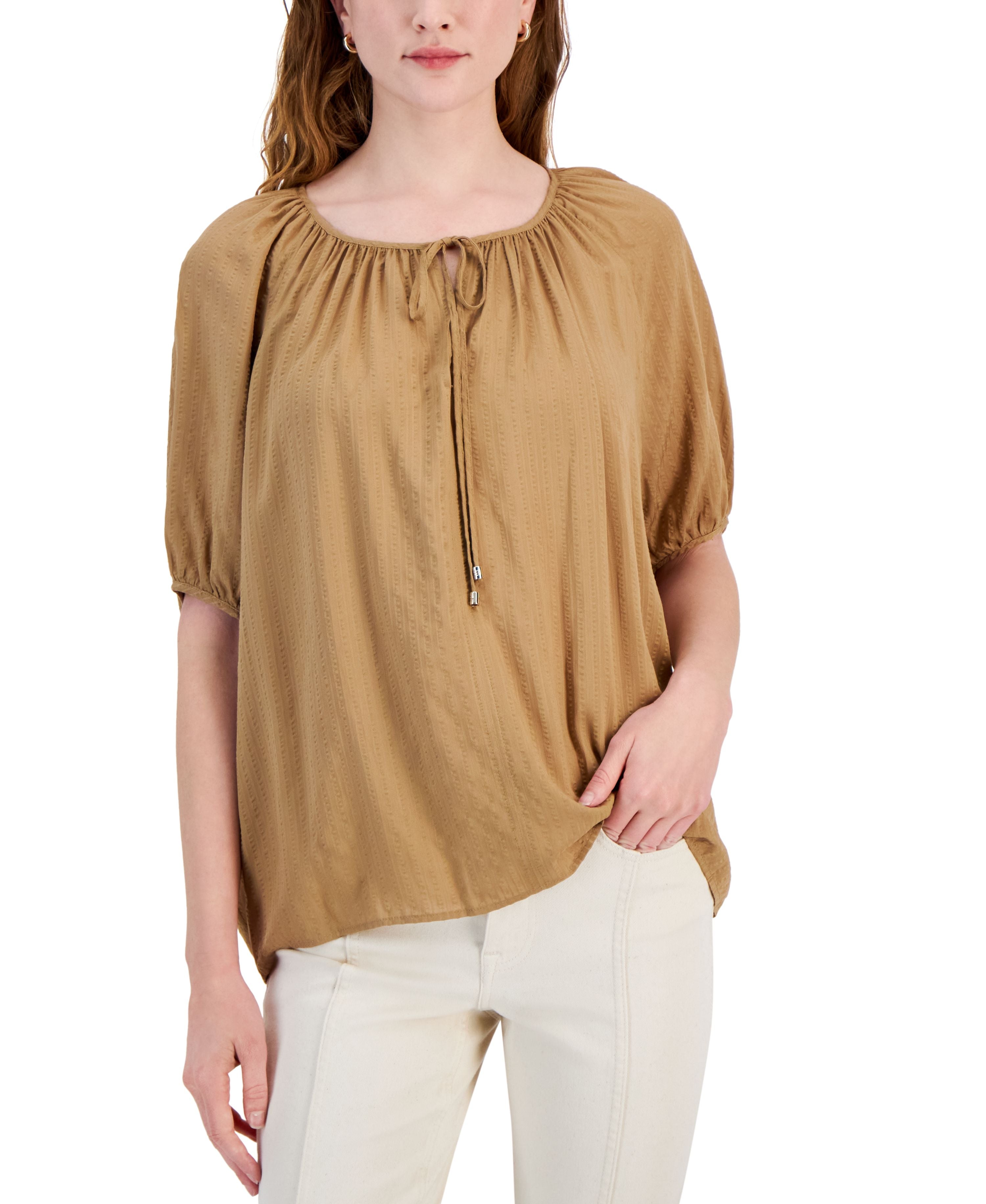 Women's Tonal-Stripe Bubble-Sleeve Premium Top