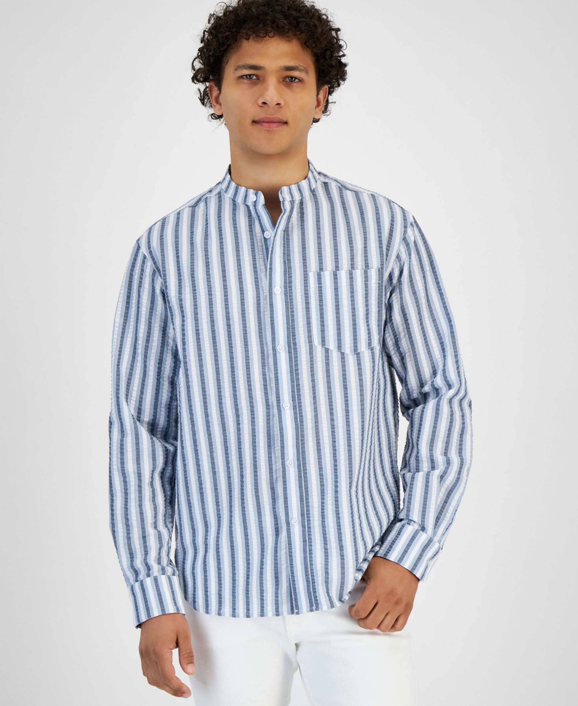 Men's Banded Collar Seersucker Modern Shirt