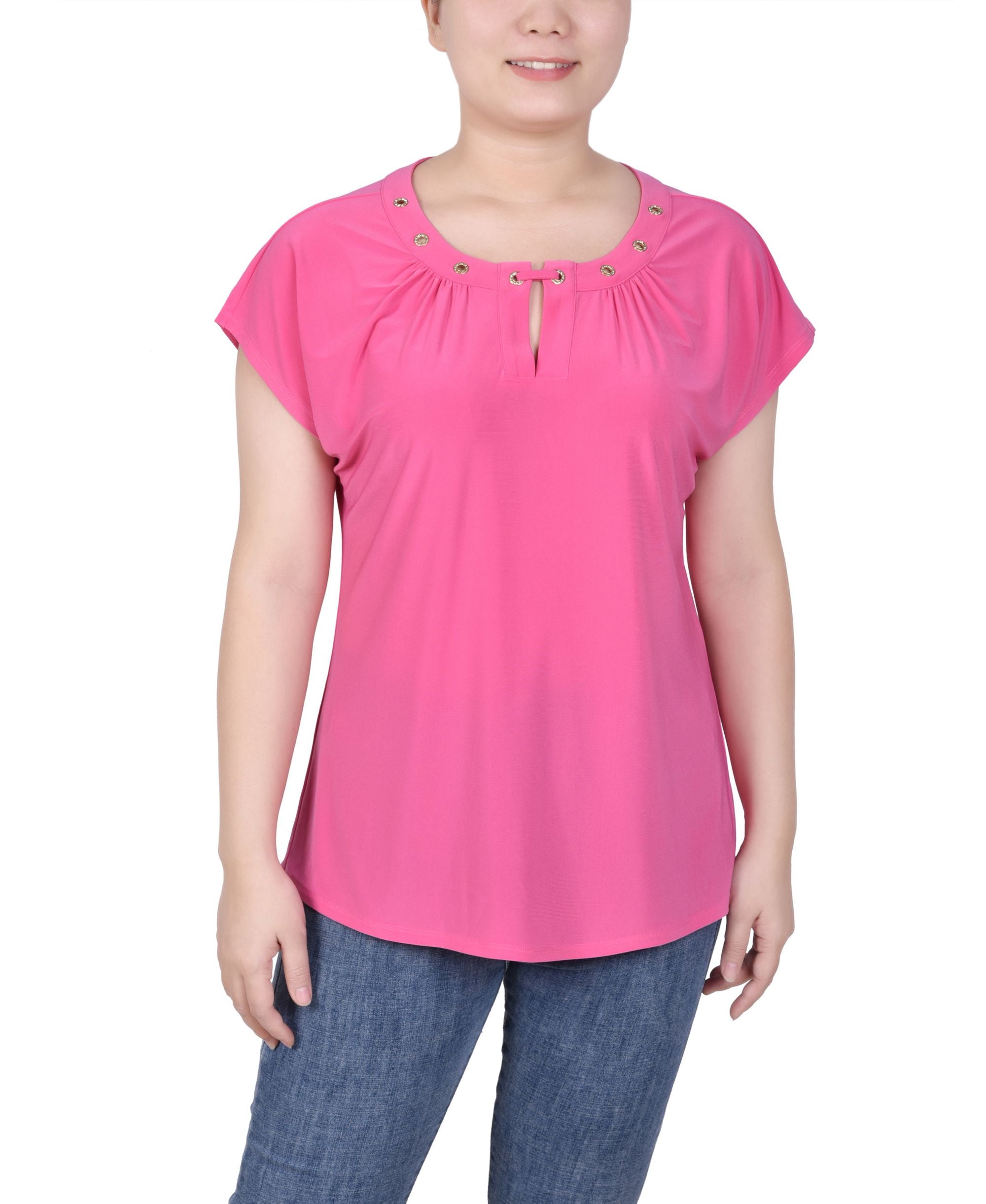 Petite Grommet Neck Knit  Short Extended Sleeve Premium Top