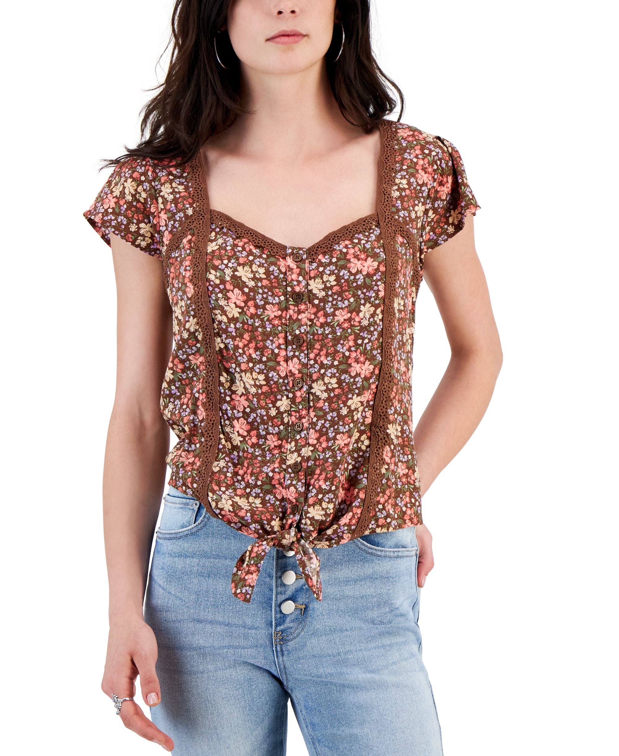 Juniors' Crochet-Trim Tie-Front Premium Top