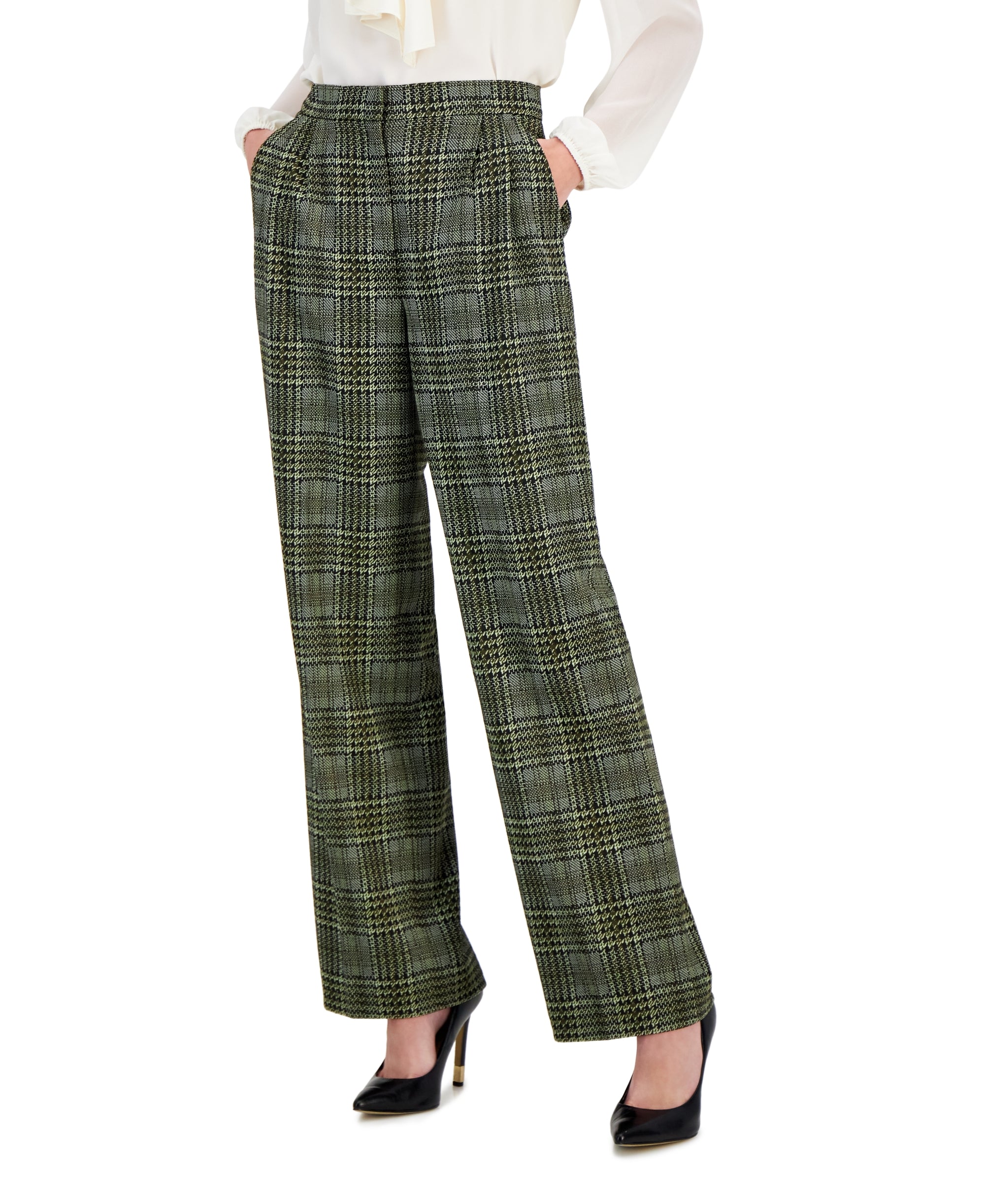 Women's Multi Plaid-Print Pleat-Front Wide-Leg Signature Pants