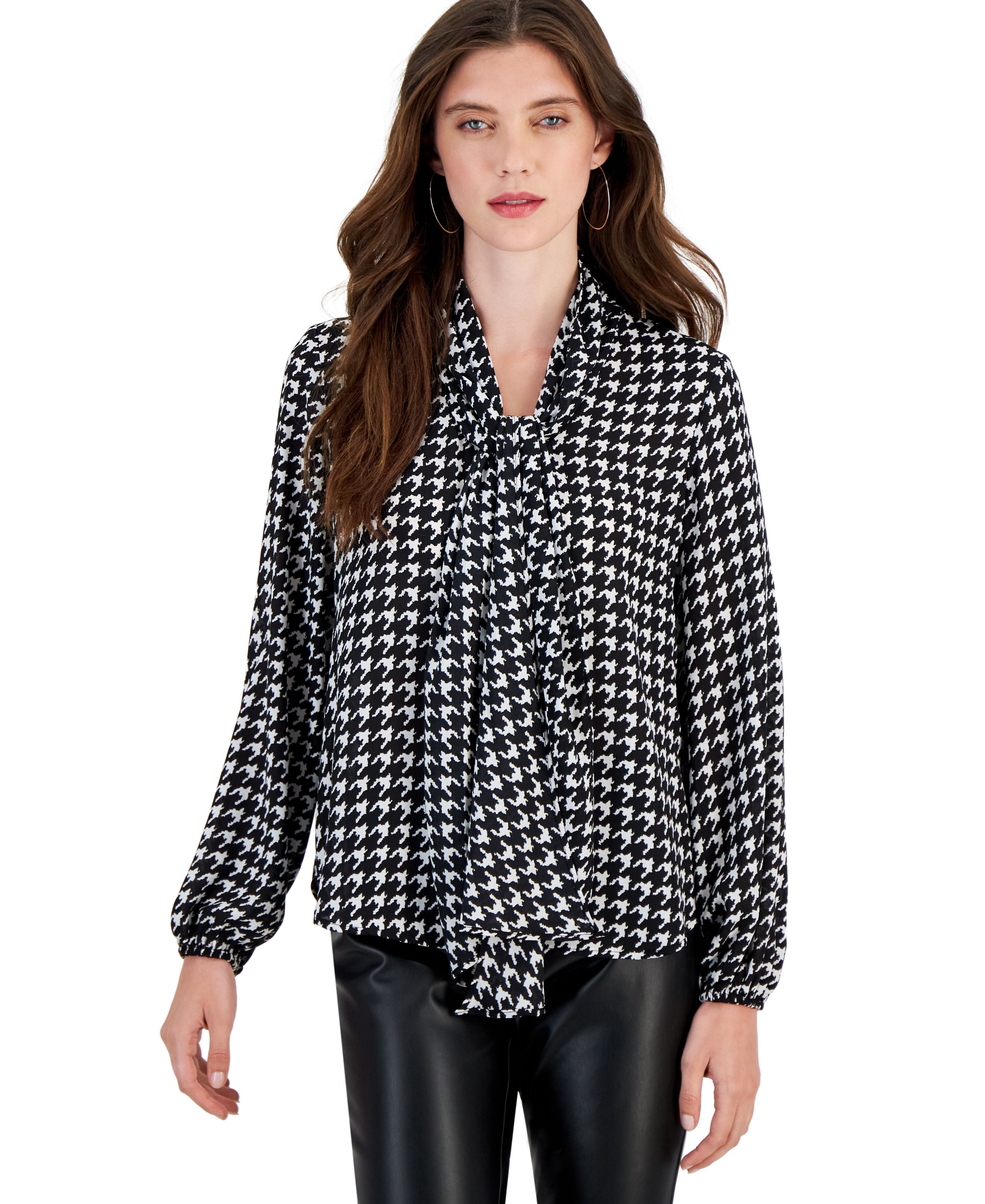 Women's Houndstooth Tie-Neck Long-Sleeve Signature Blouse