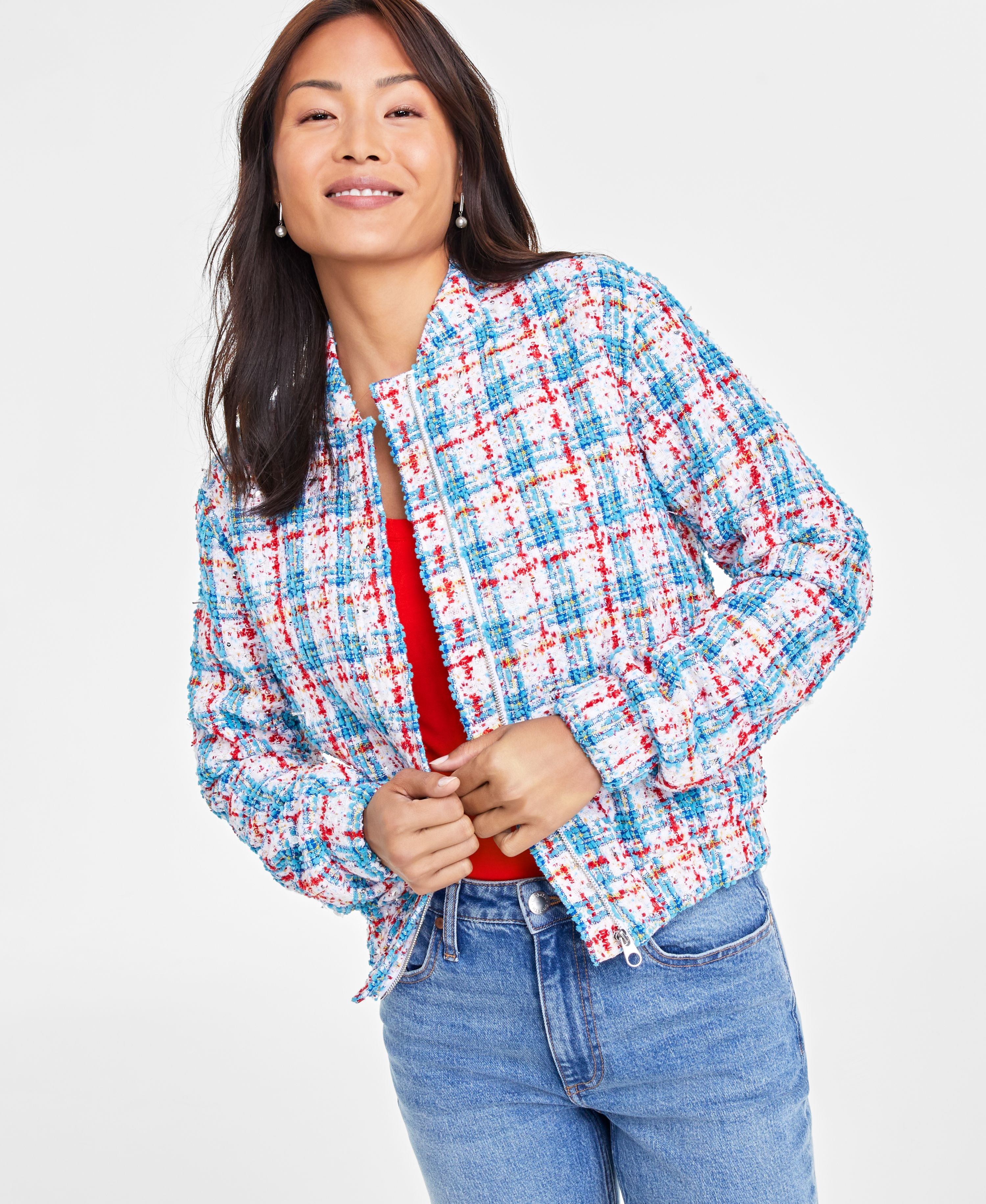 Women's Metallic Tweed Bomber Jacket