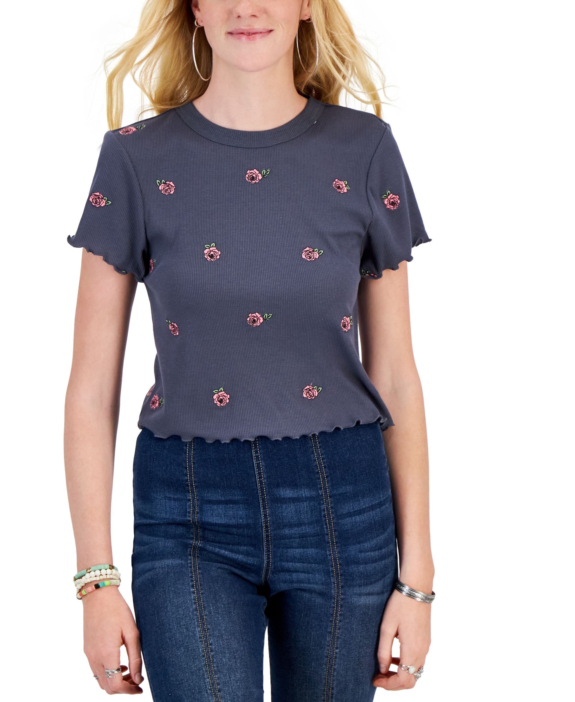 Juniors' All Over Embroidered Lettuce-Hem T-Modern Shirt