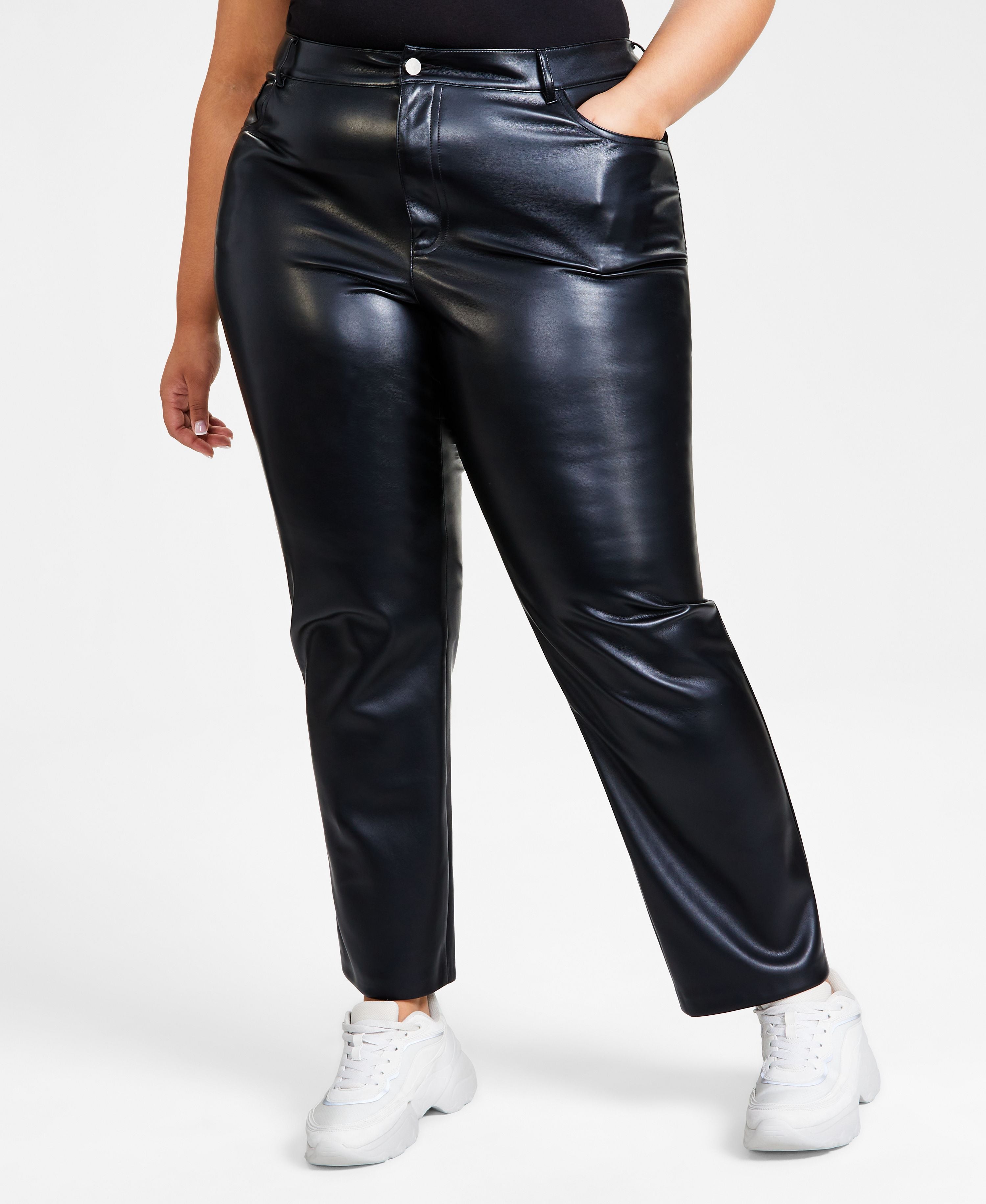 Plus Size Faux-Leather Straight-Leg Signature Pants