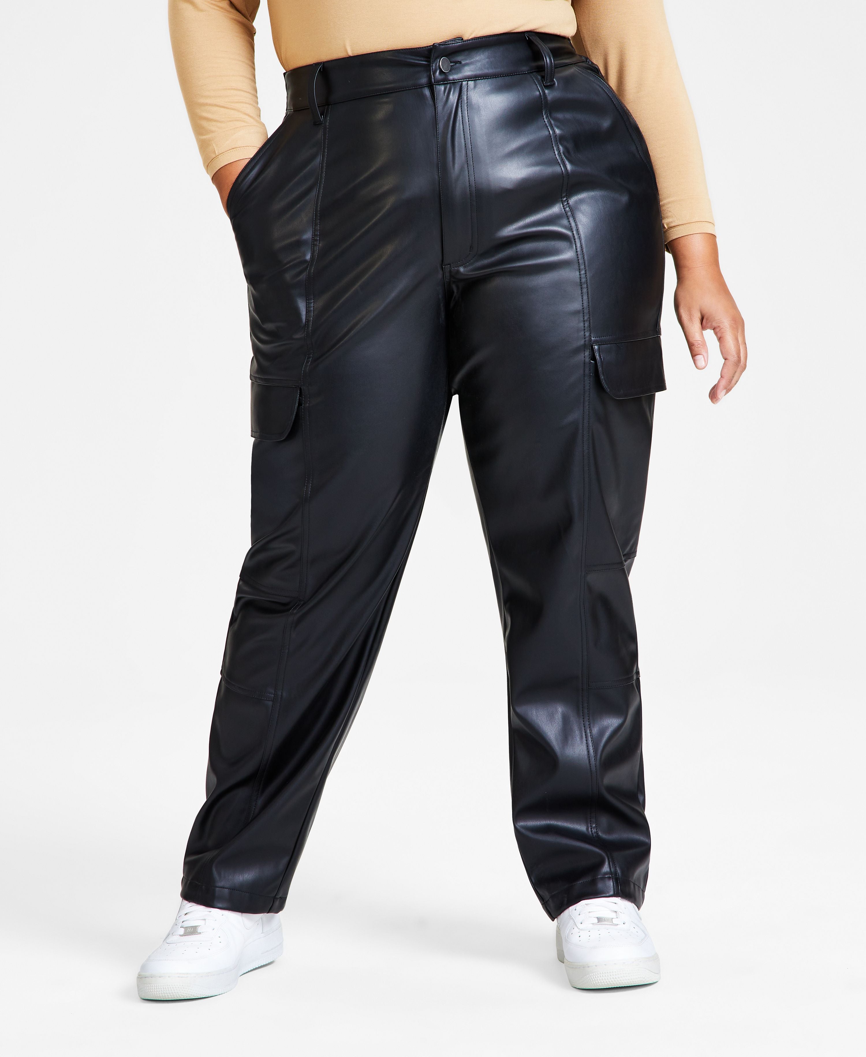 Plus Size High-Rise Faux-Leather Cargo Signature Pants