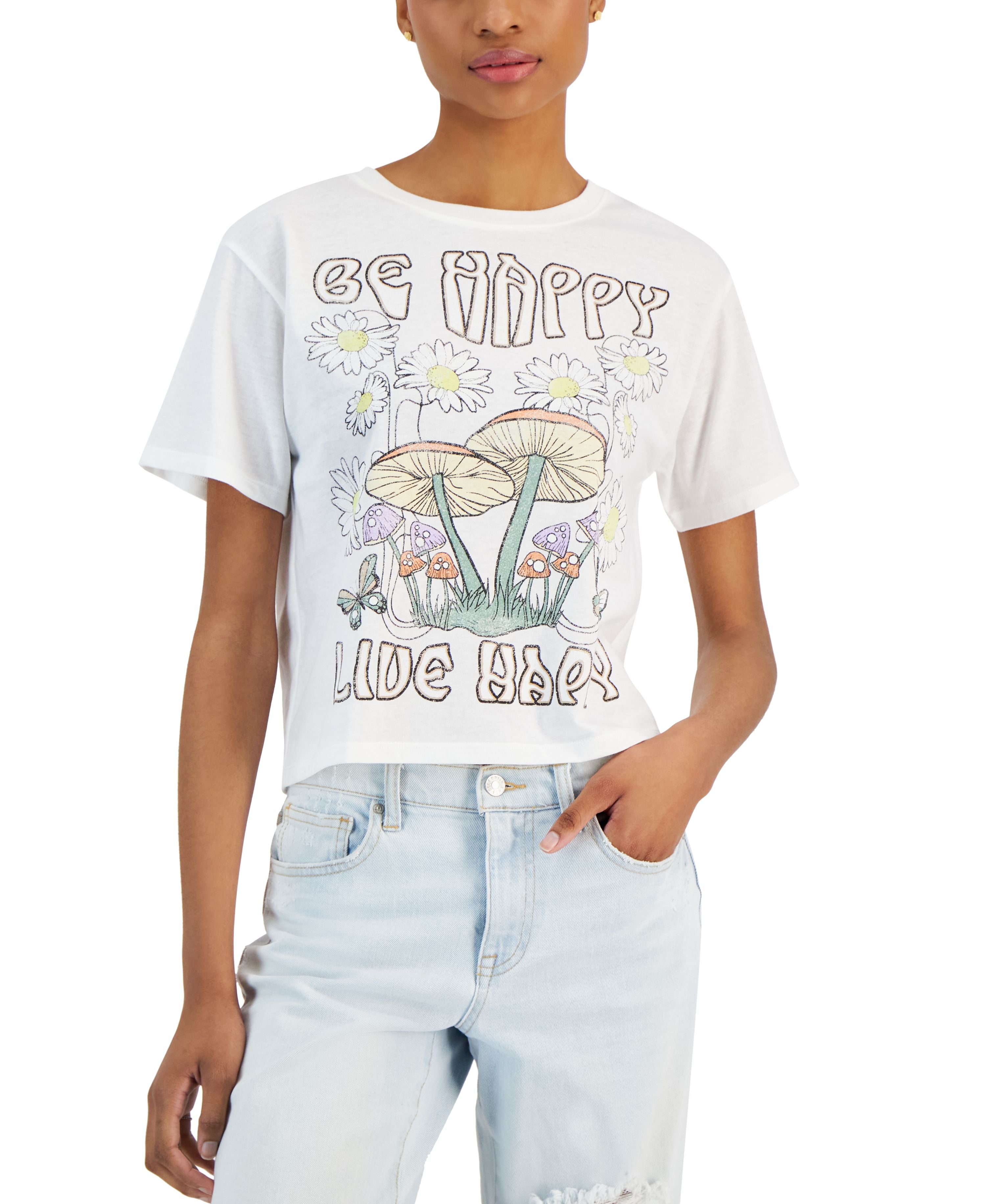 Juniors' Be Happy Live Happy Mushroom Short-Sleeve T-Modern Shirt