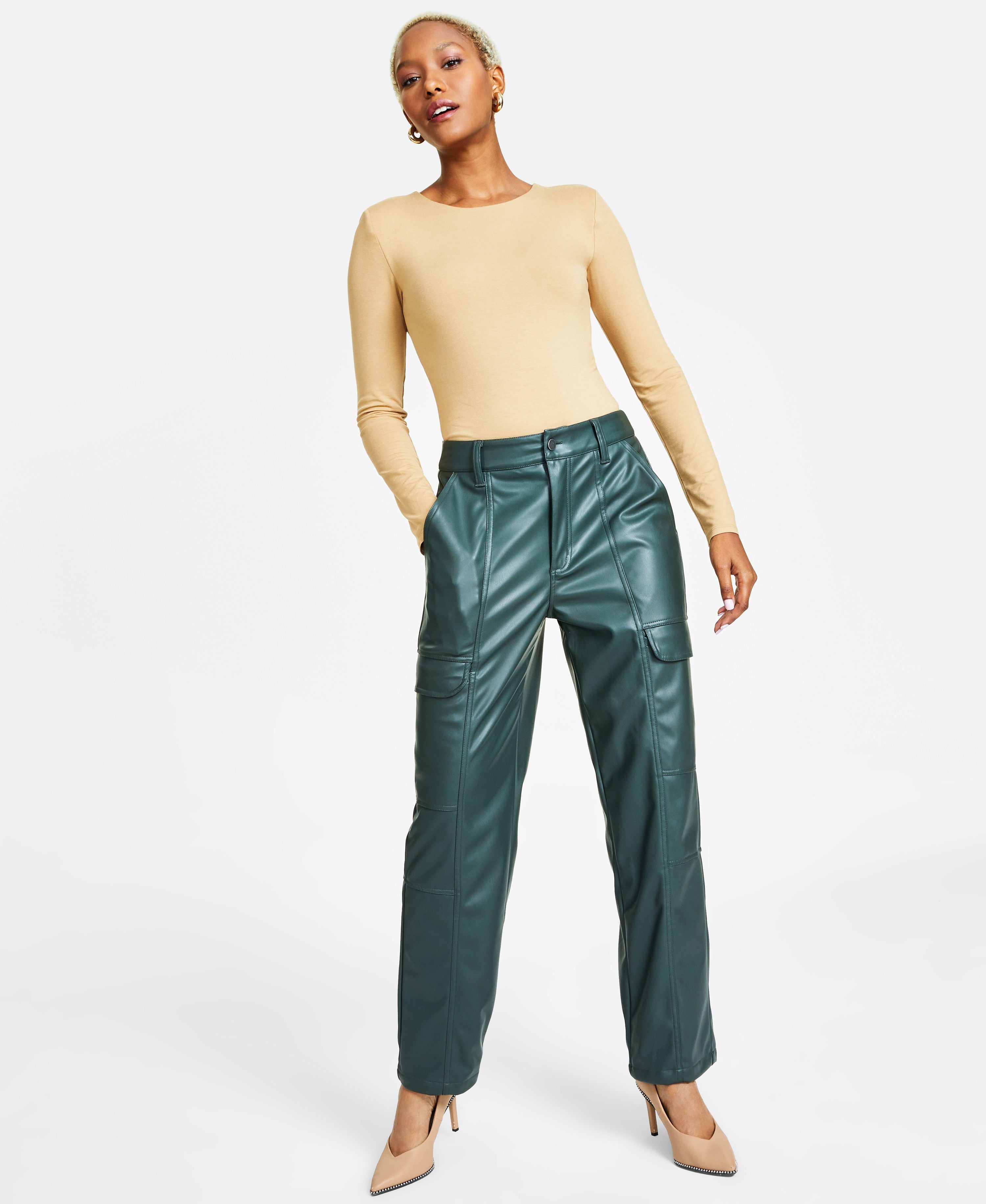 Women's Faux-Leather Cargo Signature Pants