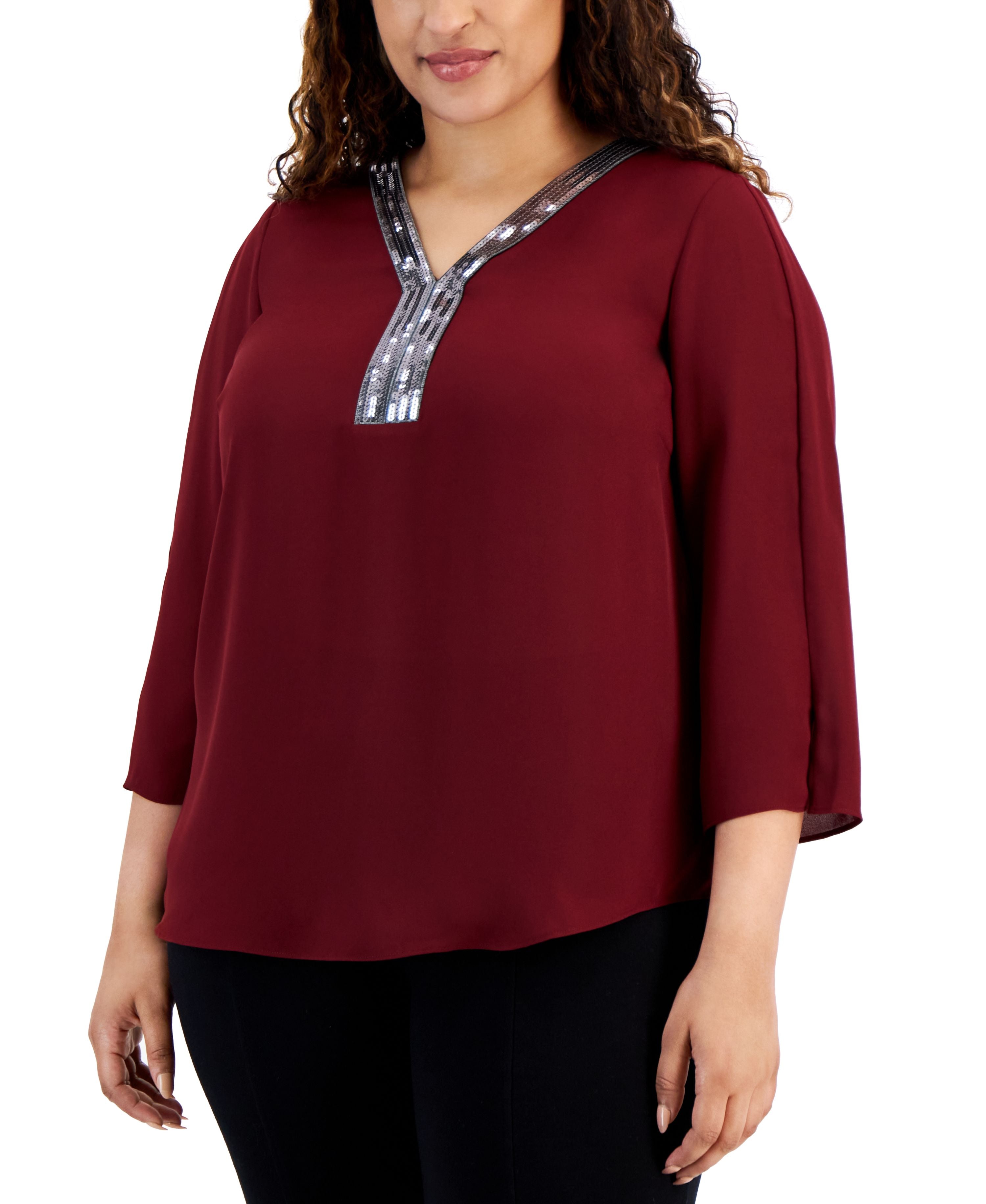 Plus Size Sequined-Neck 3/4-Sleeve Premium Top