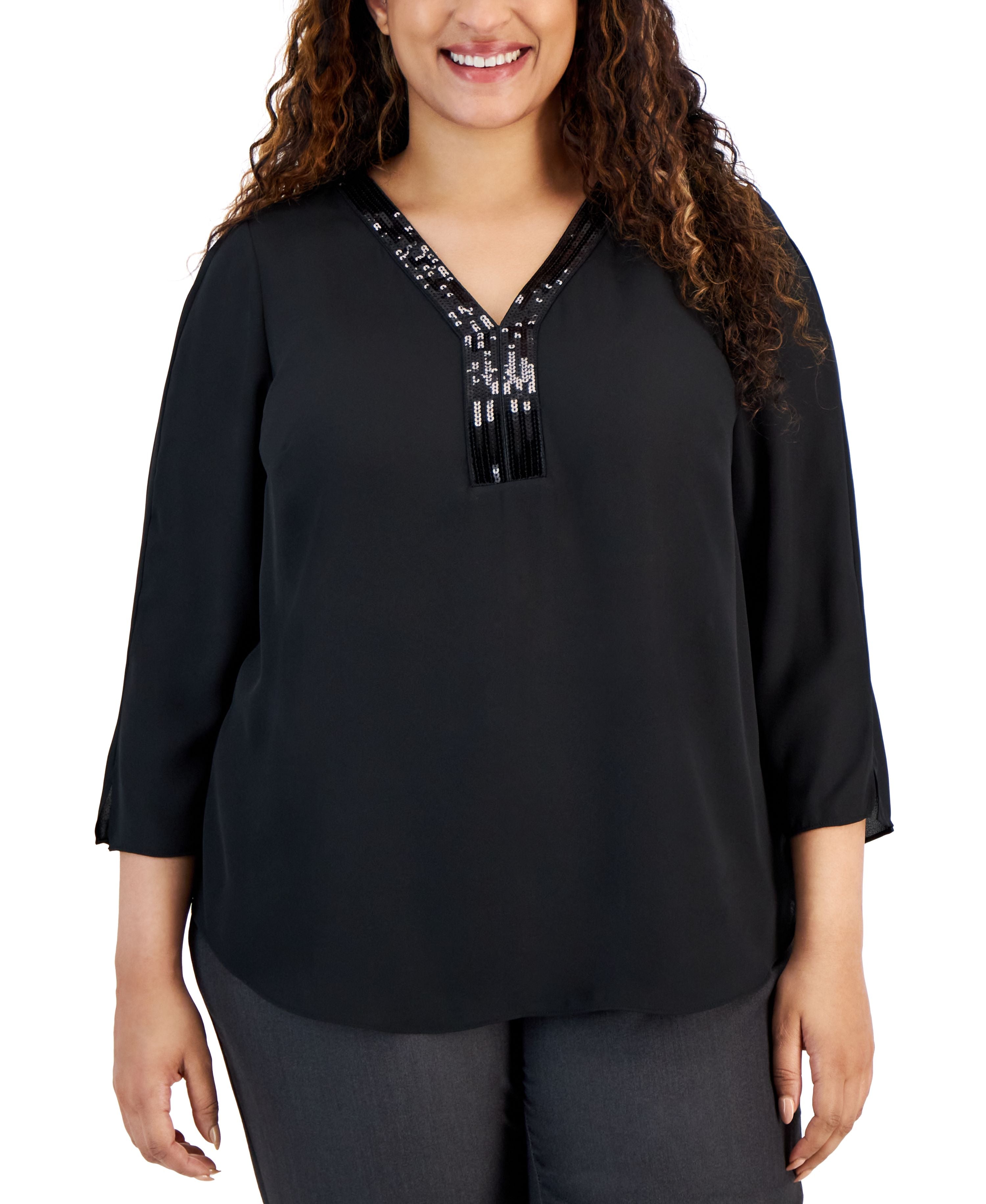 Plus Size Sequined-Neck 3/4-Sleeve Premium Top