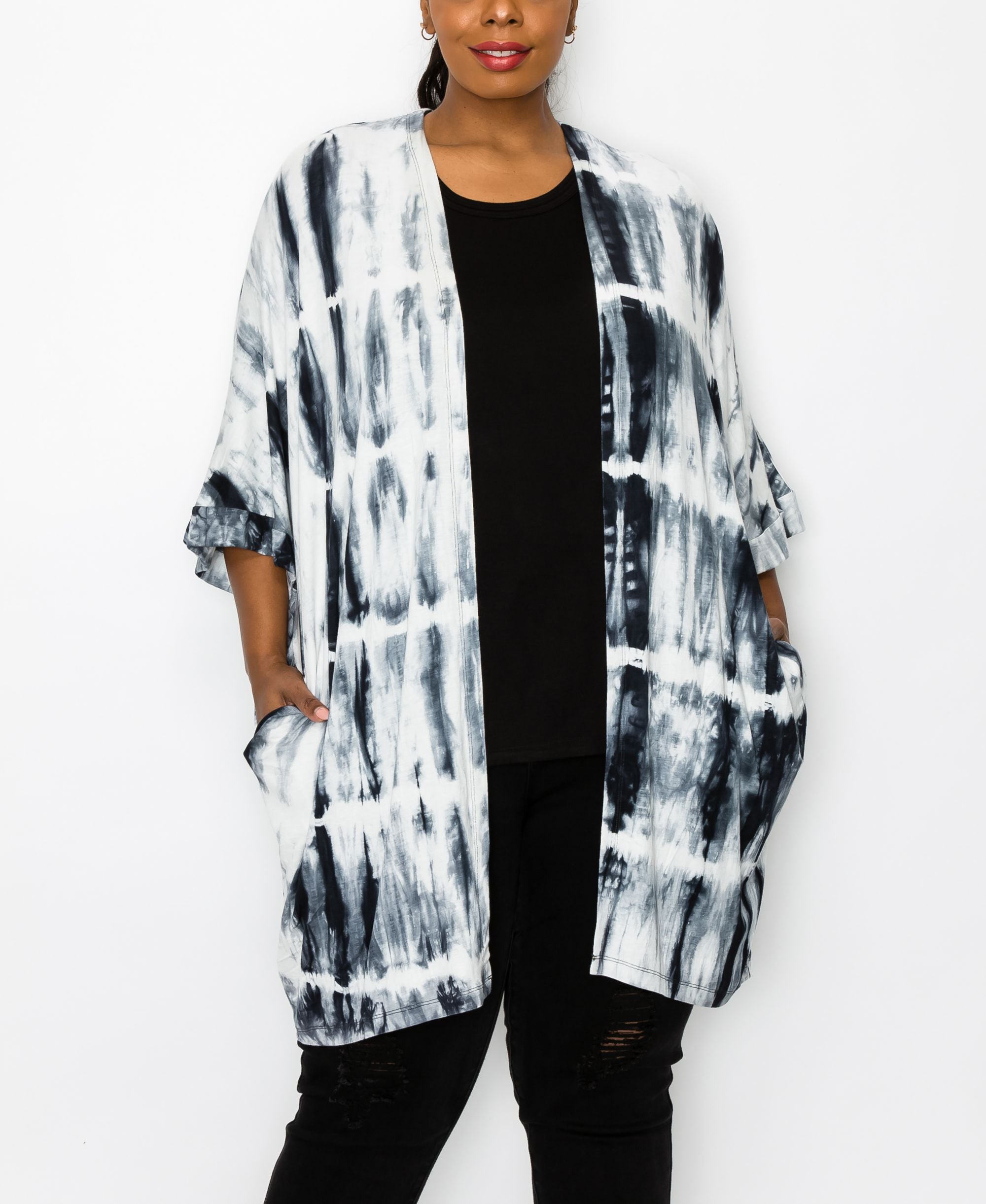 Plus Size Hand Tie Dye Pocket Kimono Premium Top