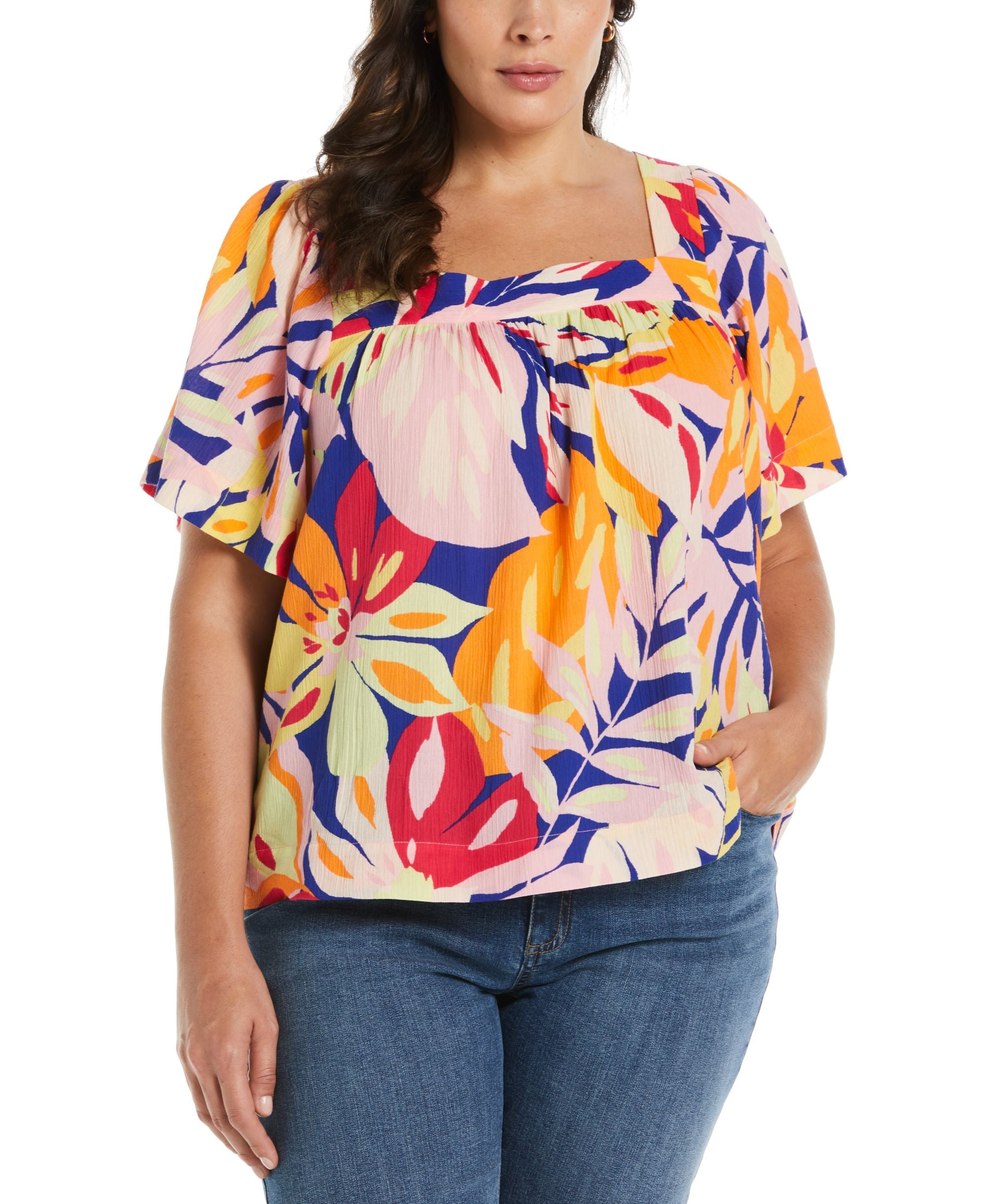Plus Size Square Neck Flare Sleeve Premium Top