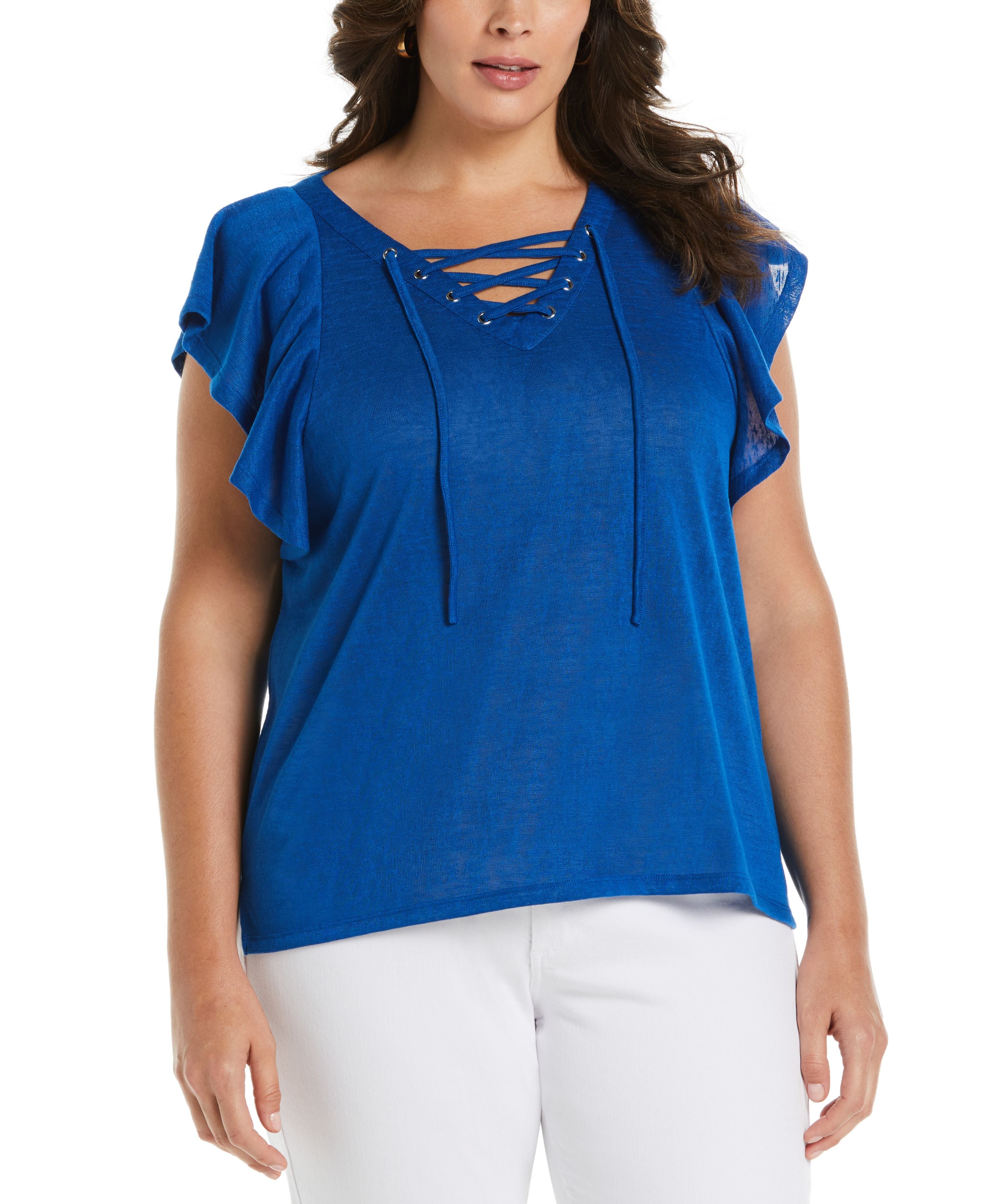 Plus Size Lace-Up Flutter Short-Sleeve Premium Top