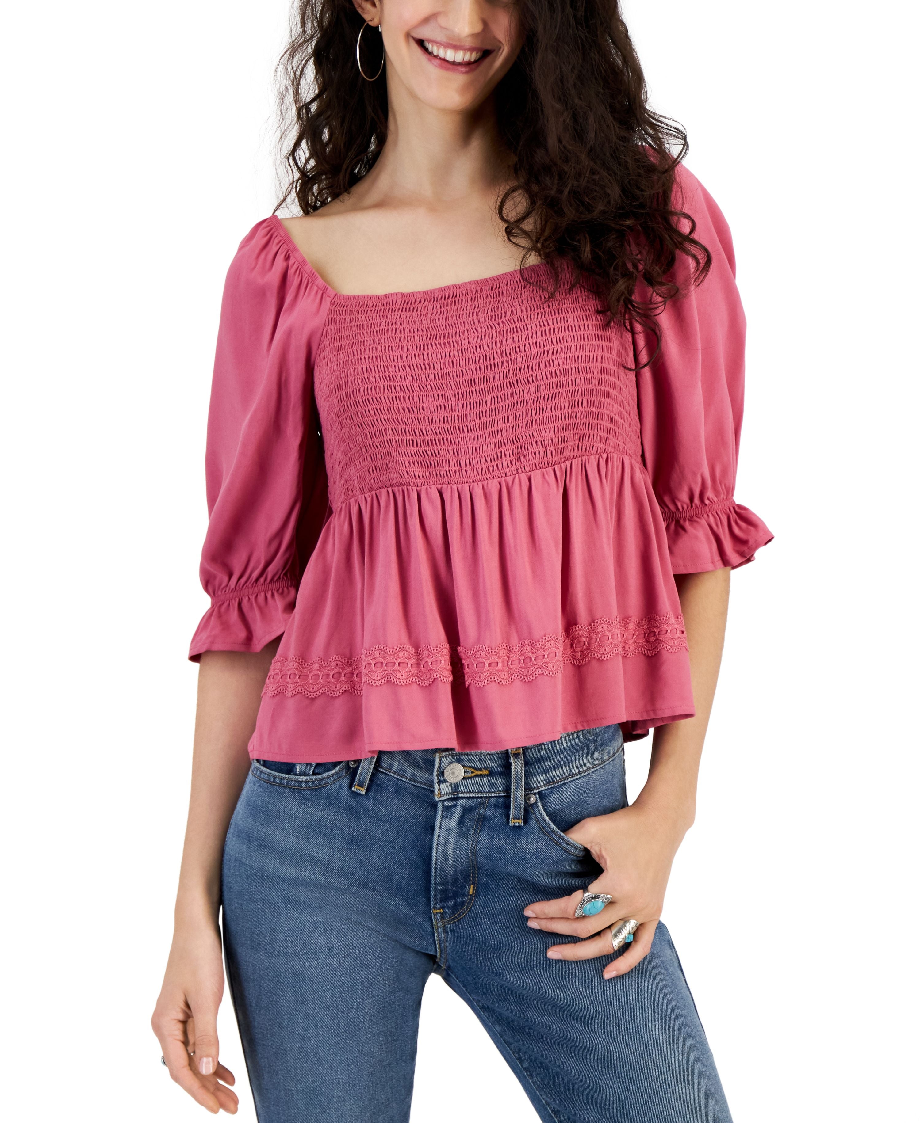 Juniors Smocked Lace Trim Premium Top
