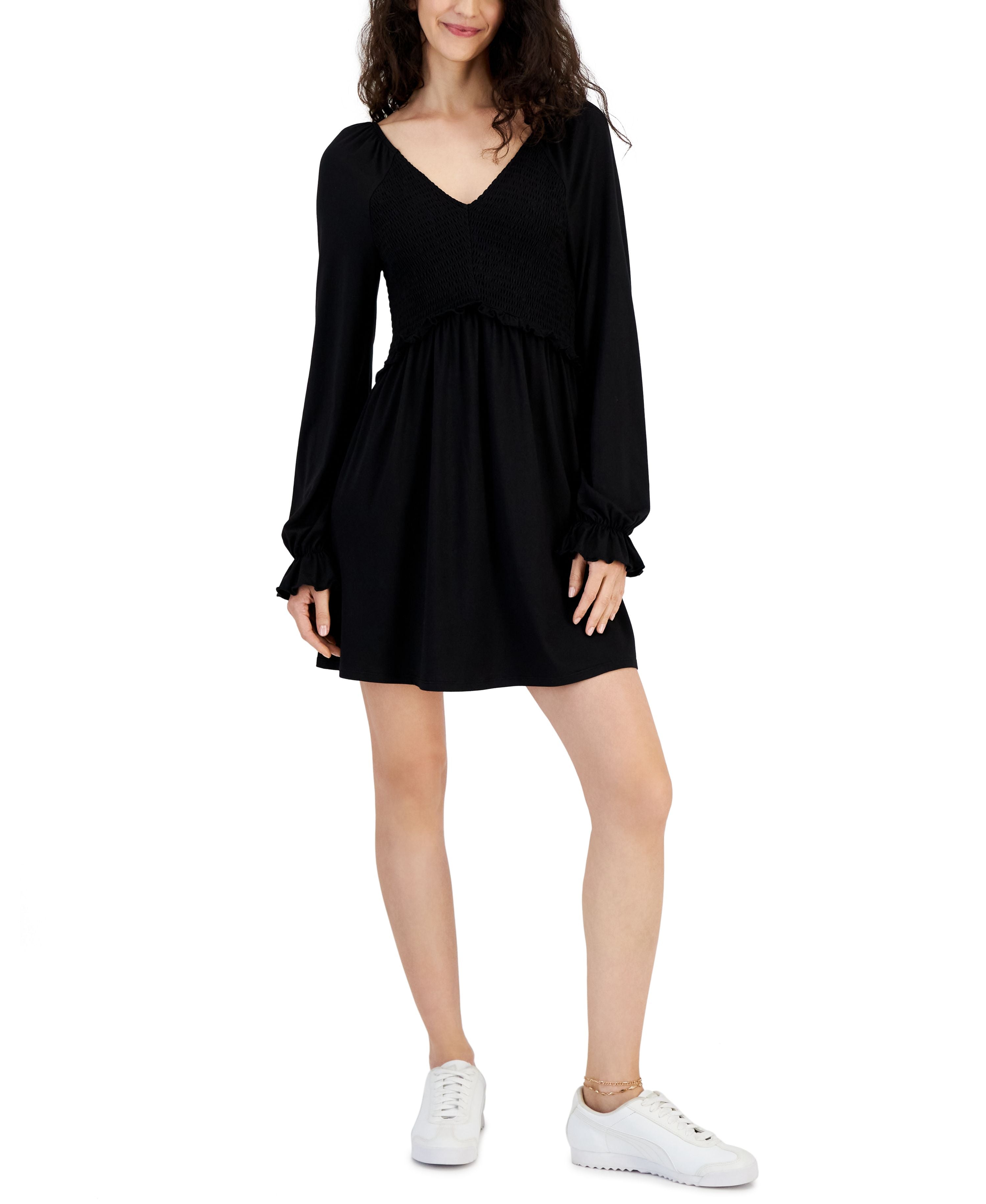 Juniors' Long-Sleeved Smocked Mini Dress