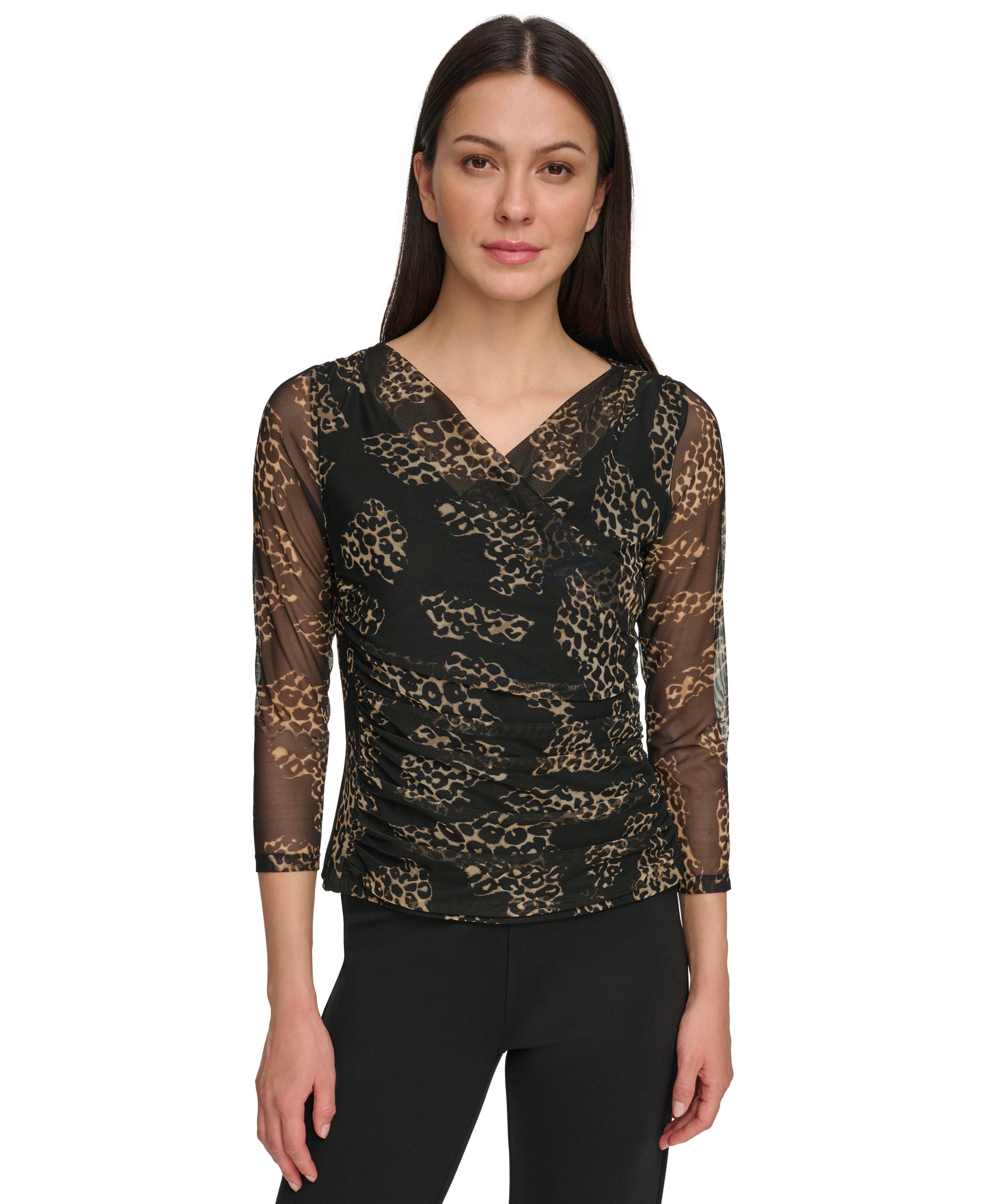 Women's 3/4-Sleeve Printed Mesh V-Neck Premium Top